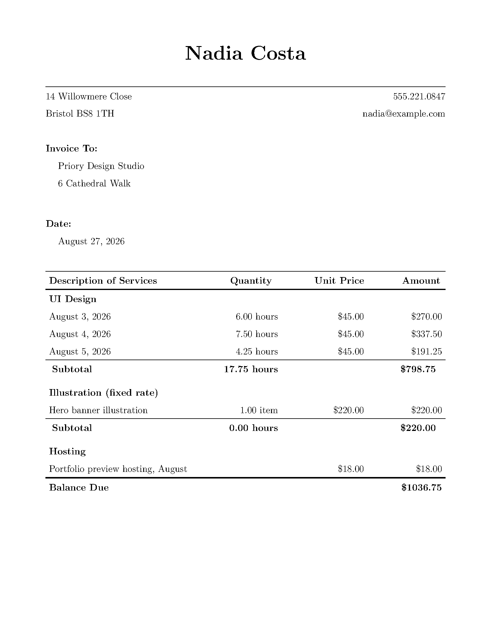 First page of Freelance Invoice (Simple)