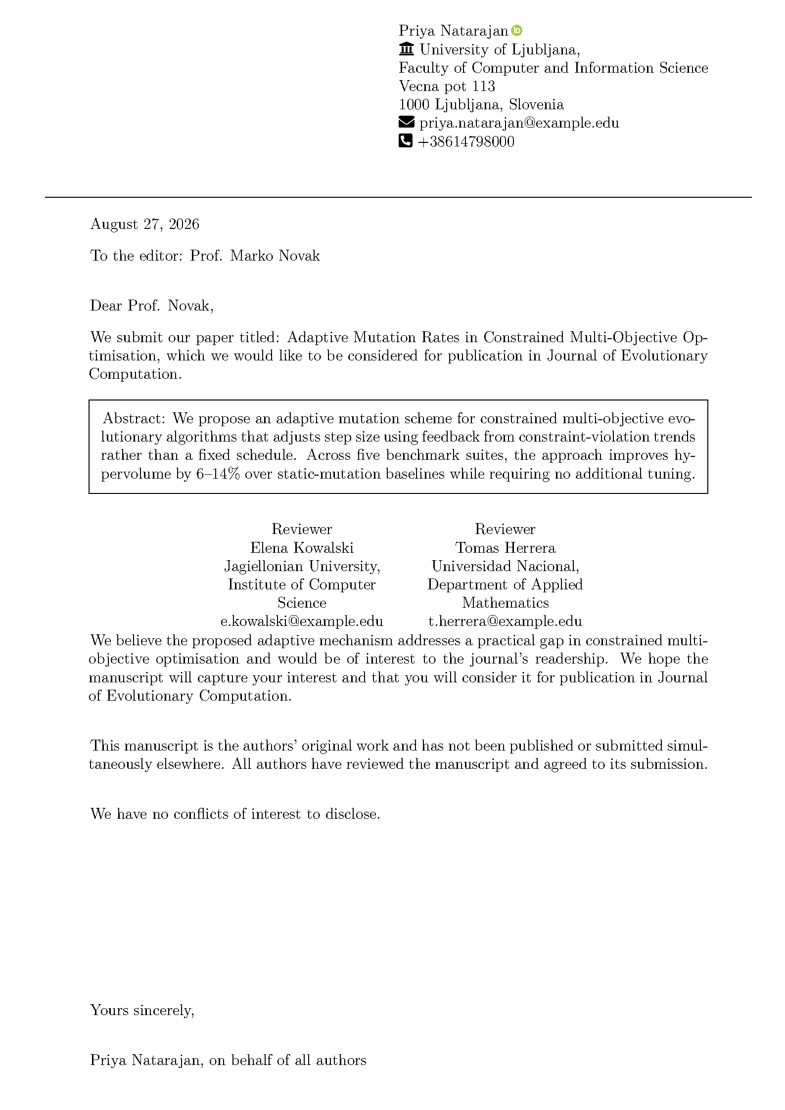 First page of the Freeman Cover Letter template