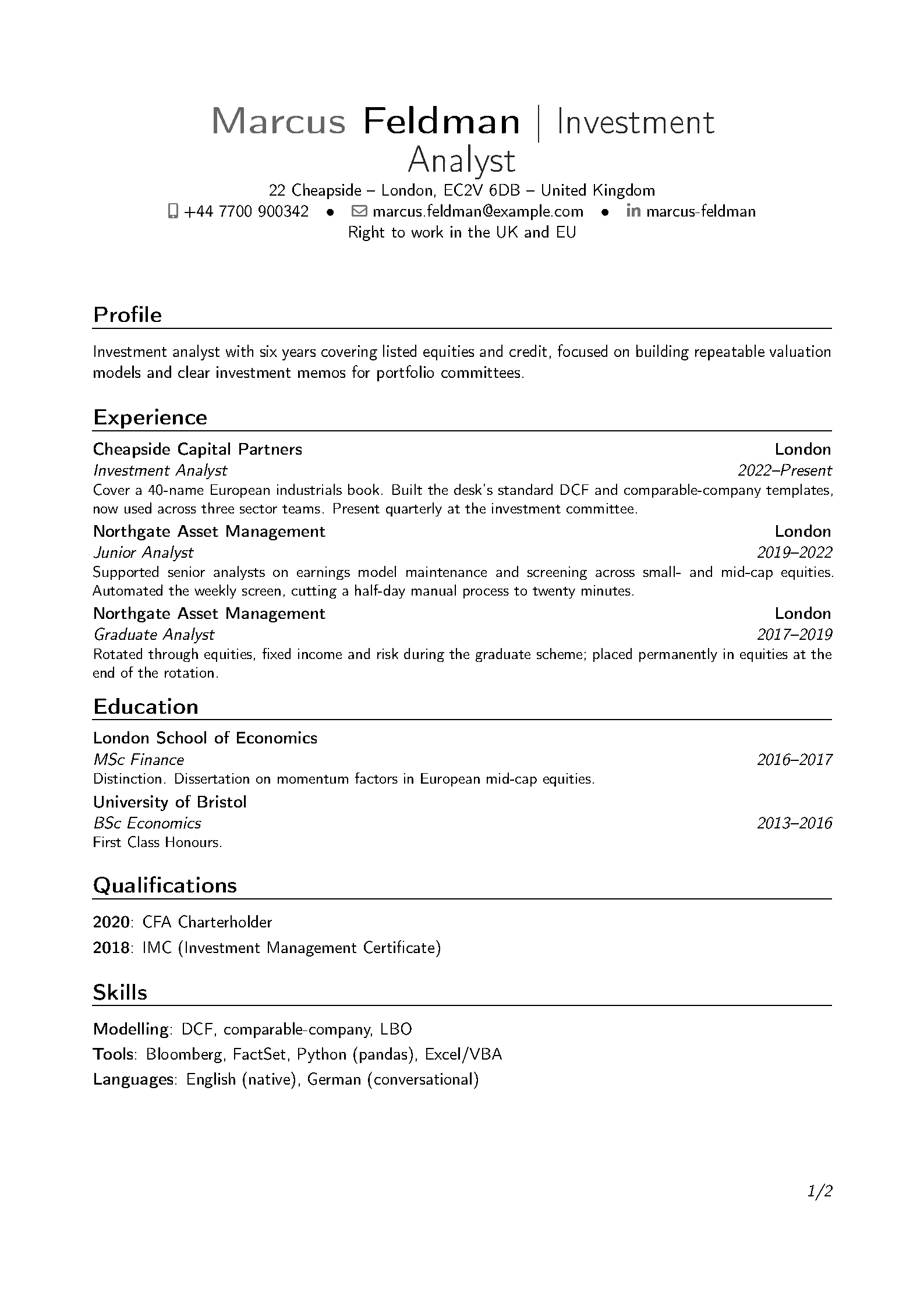 First page of the Freeman CV template