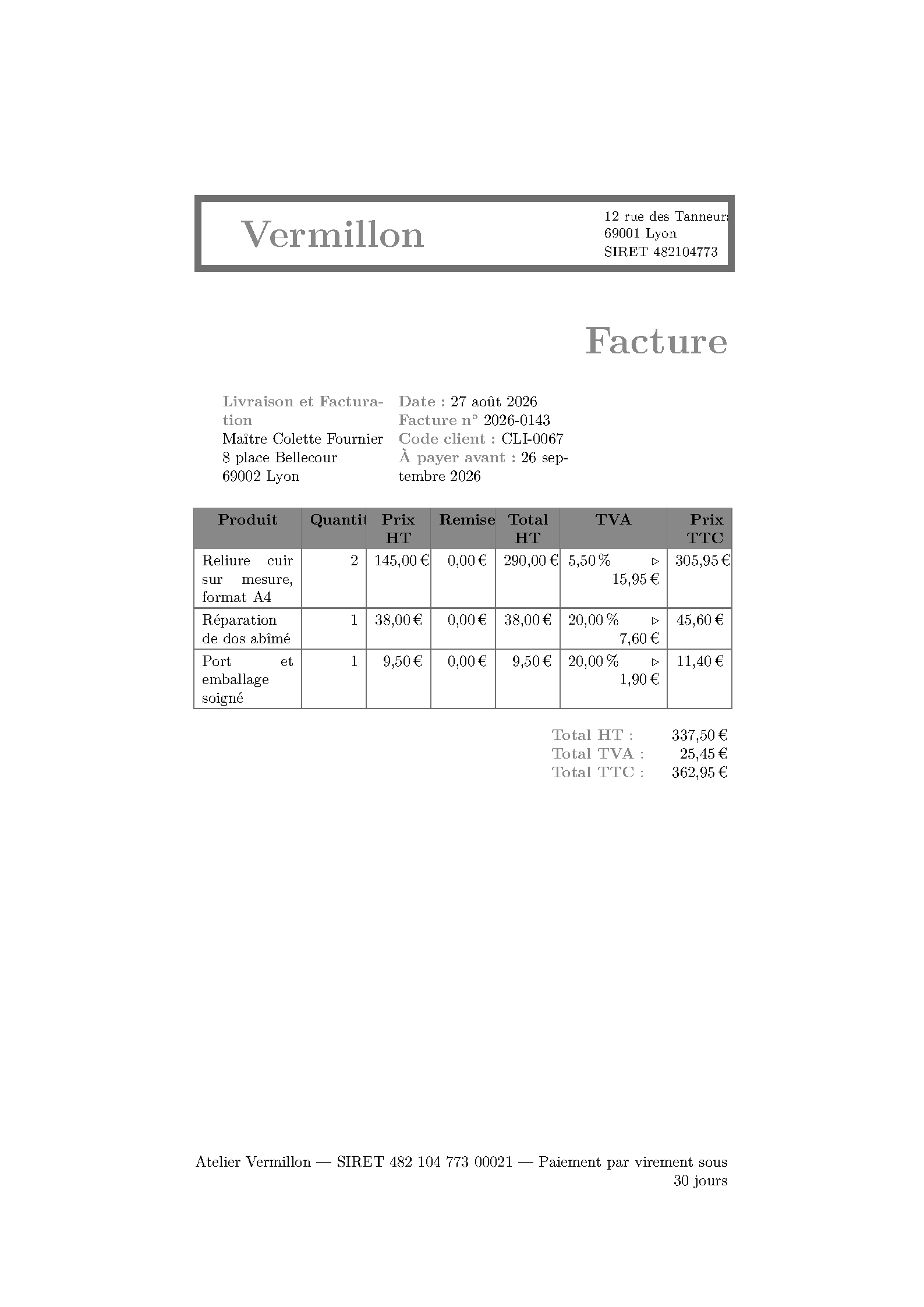 First page of French Invoice