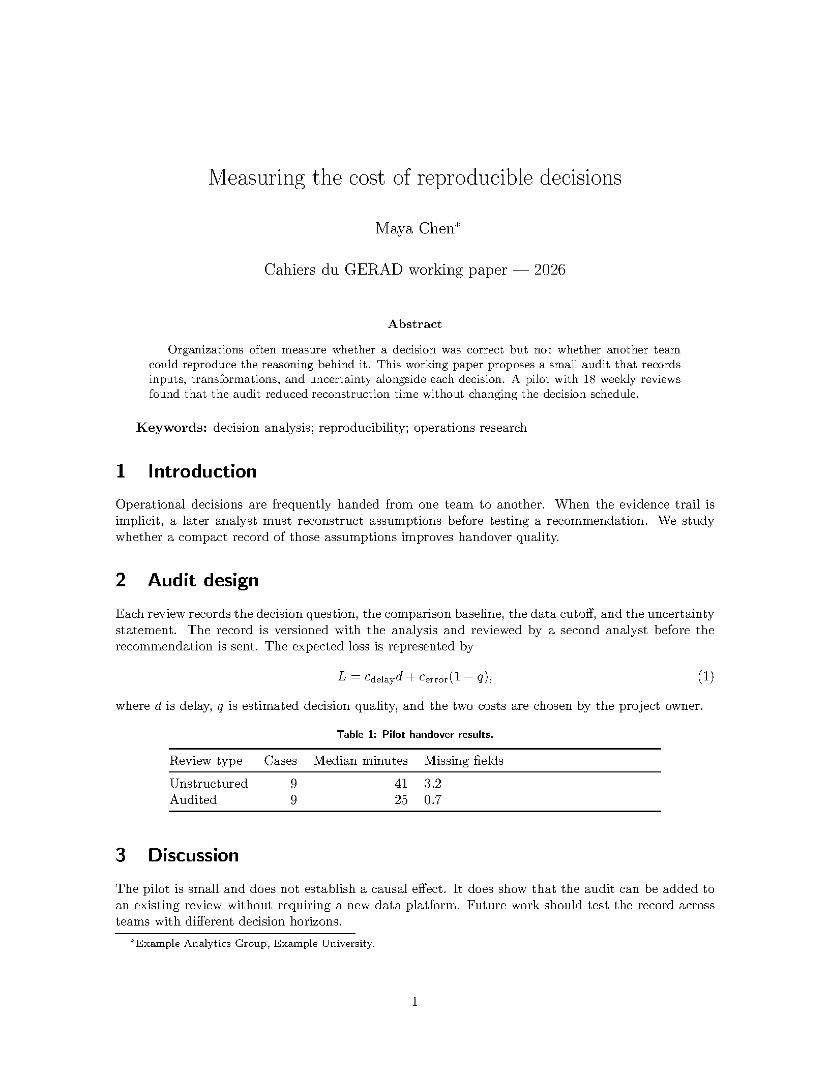 First page of GERAD Working Paper