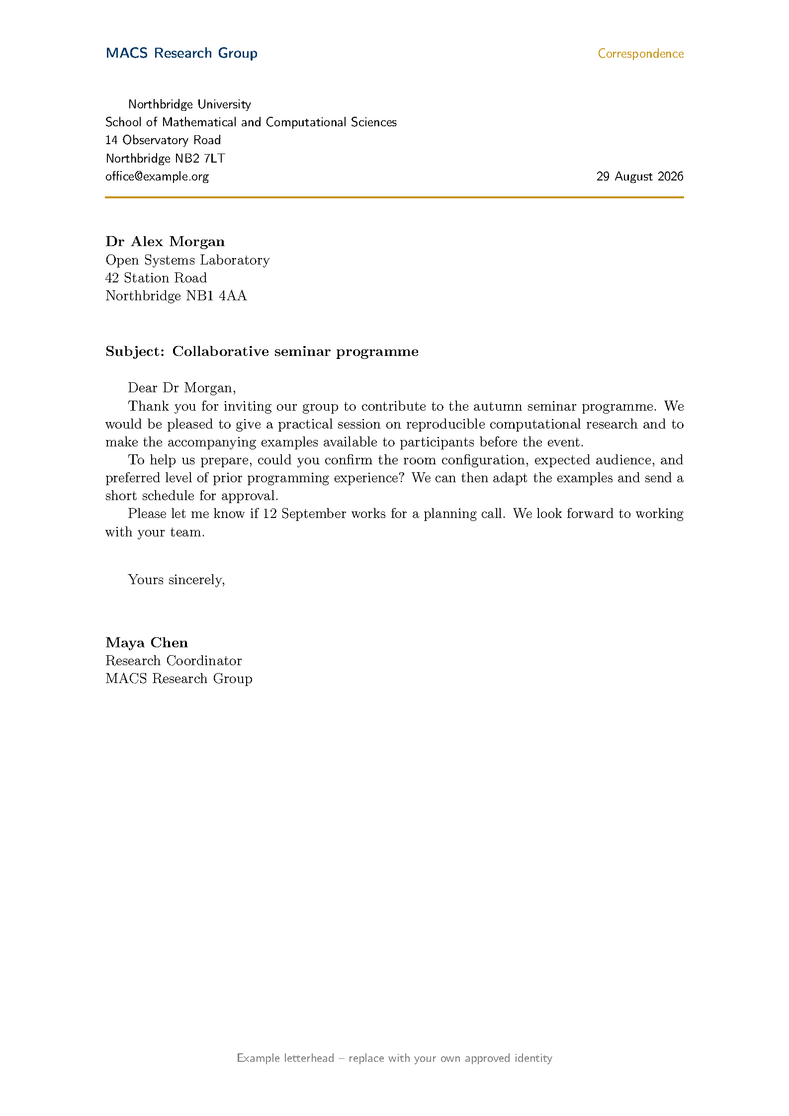First page of the Heriot-Watt MACS Letter template