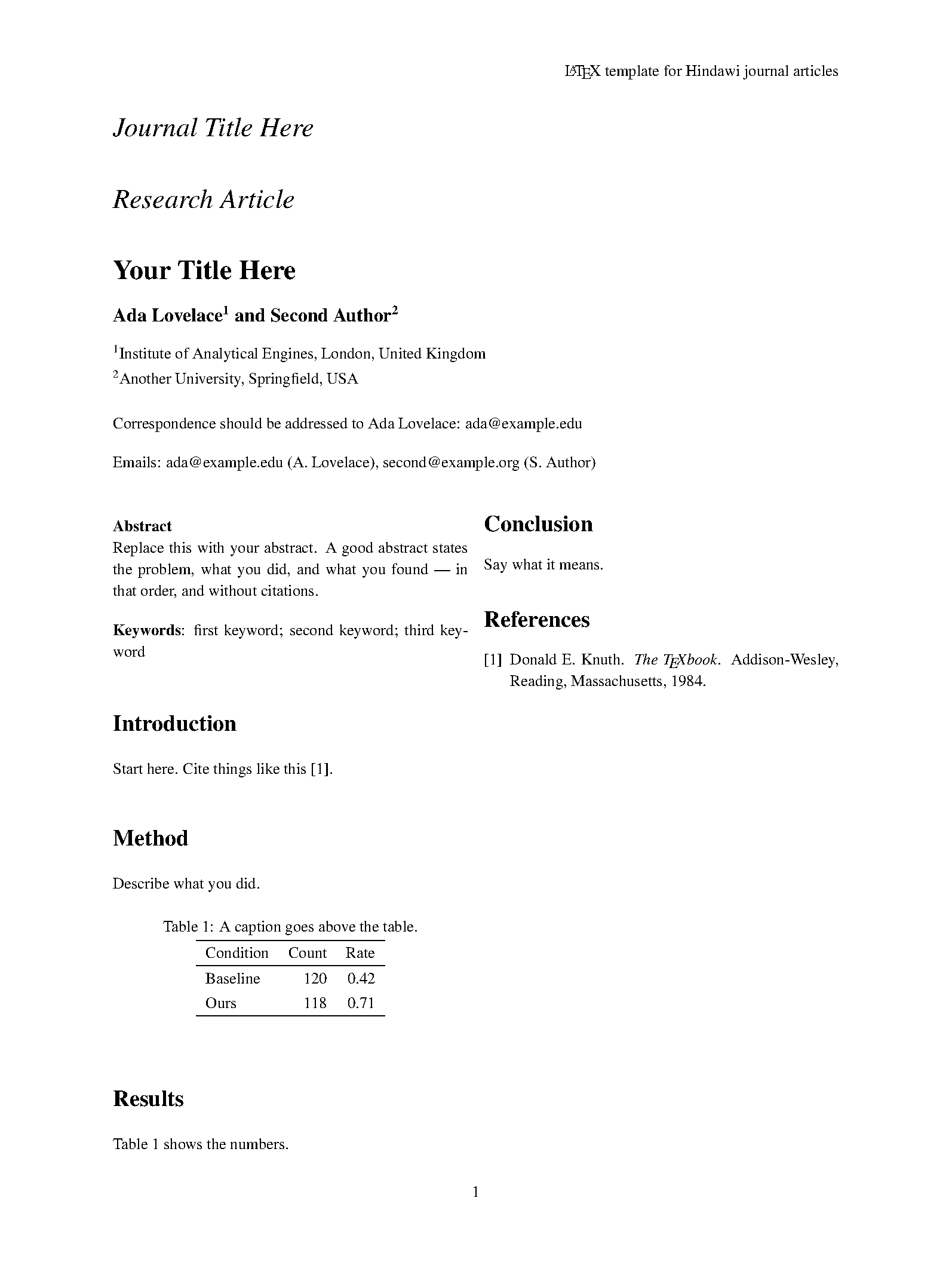 First page of Hindawi Journals