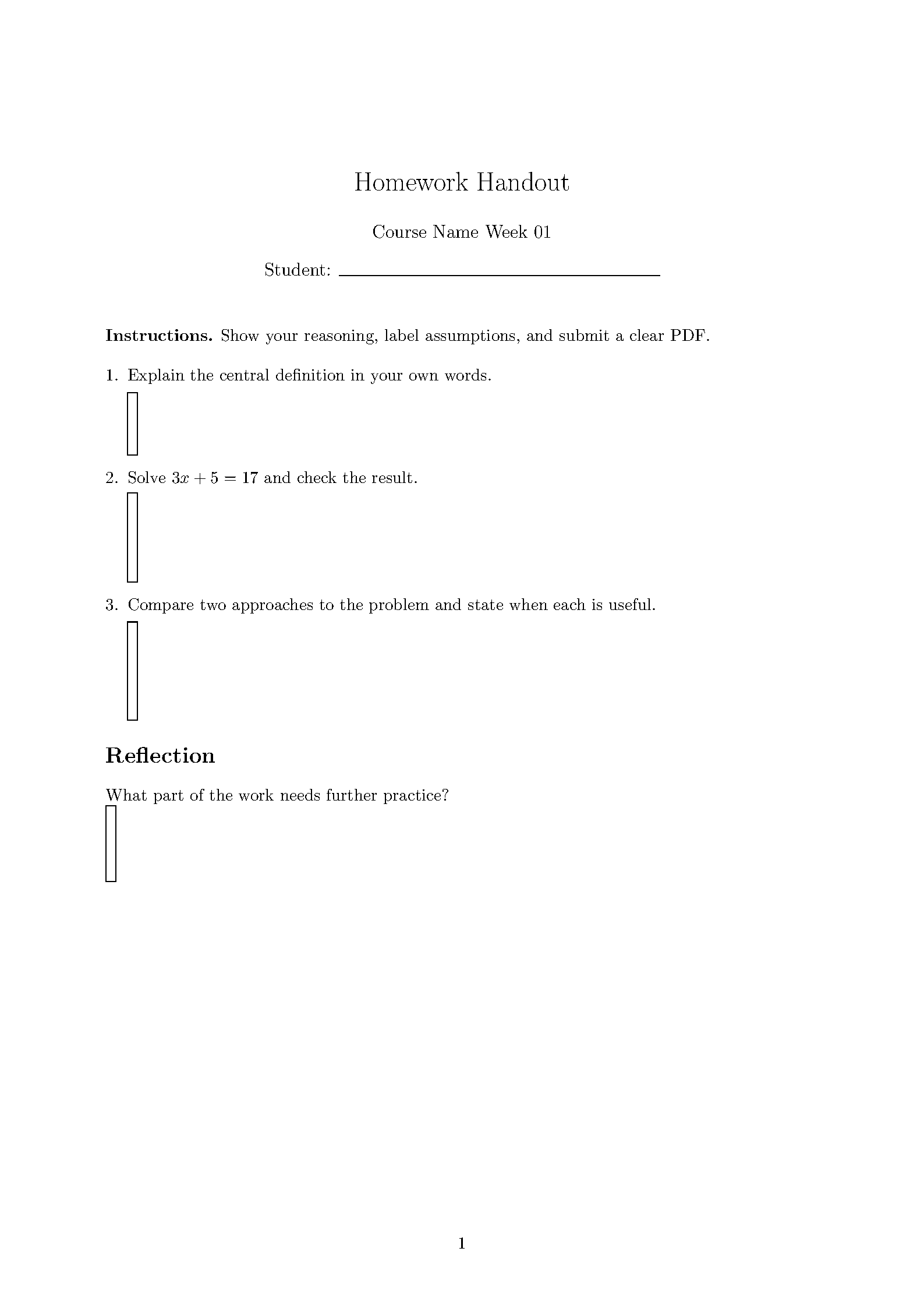 First page of the Homework Handout template