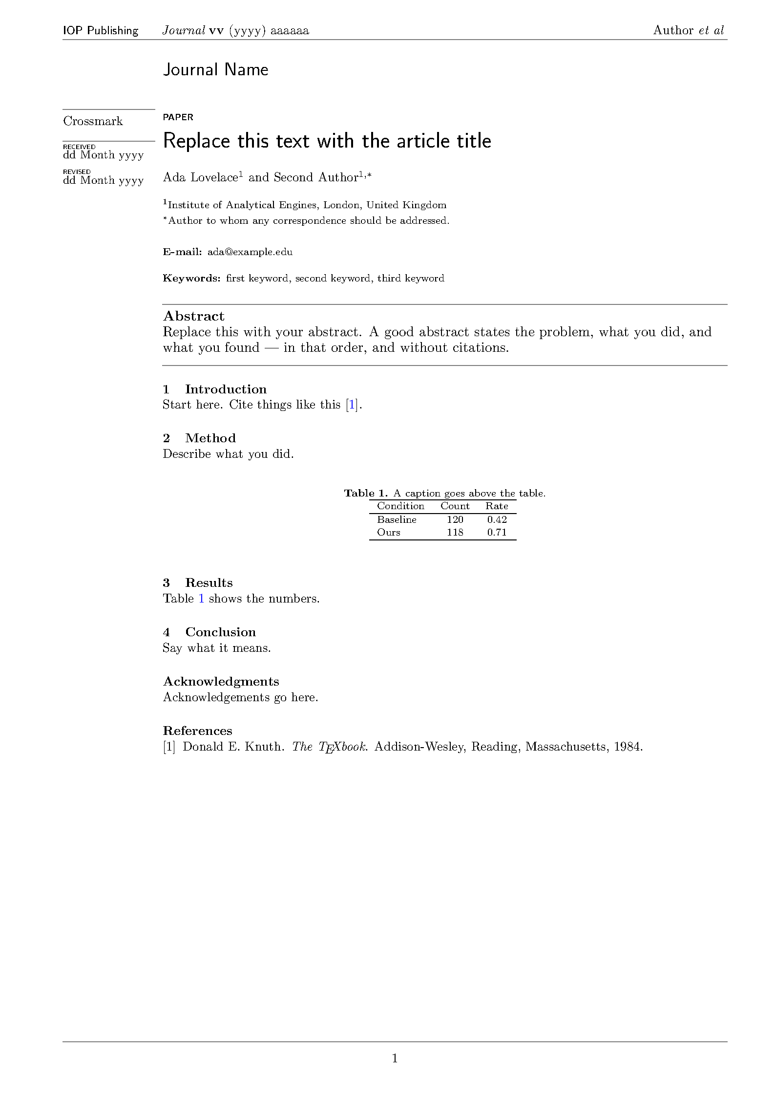 First page of the compiled IOP Publishing Journal template