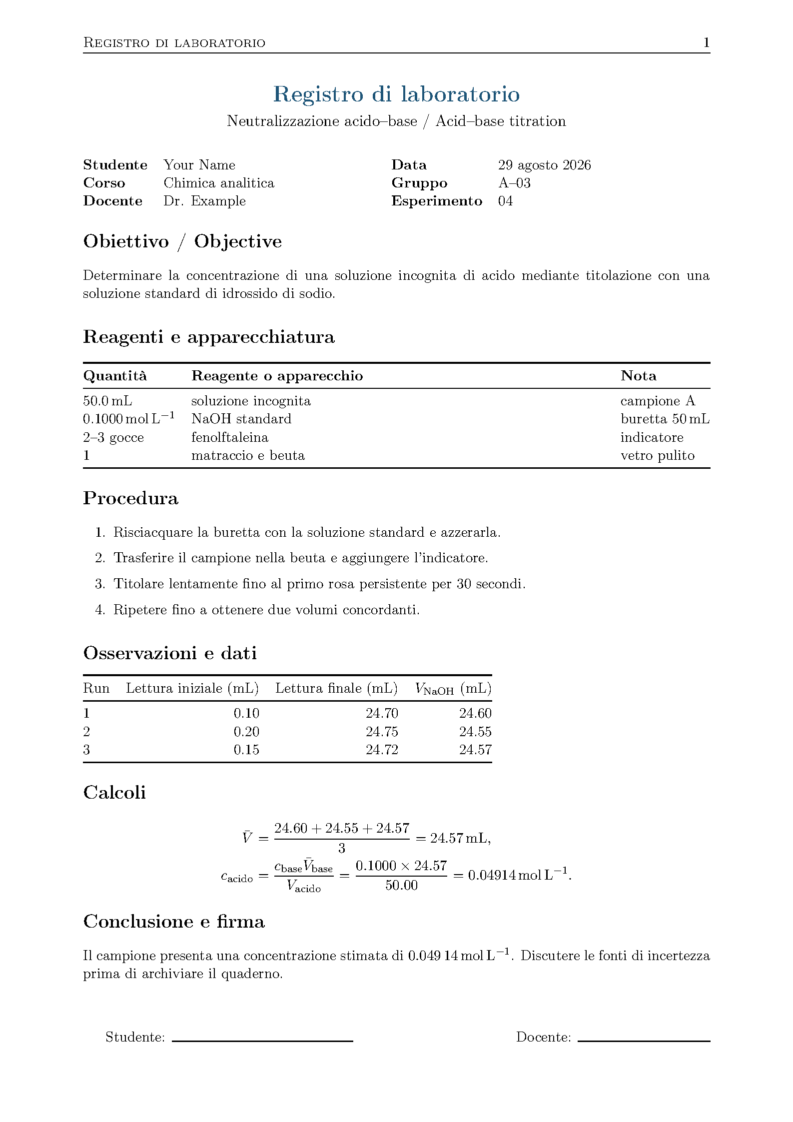 First page of the Italian Chemistry Laboratory Record template
