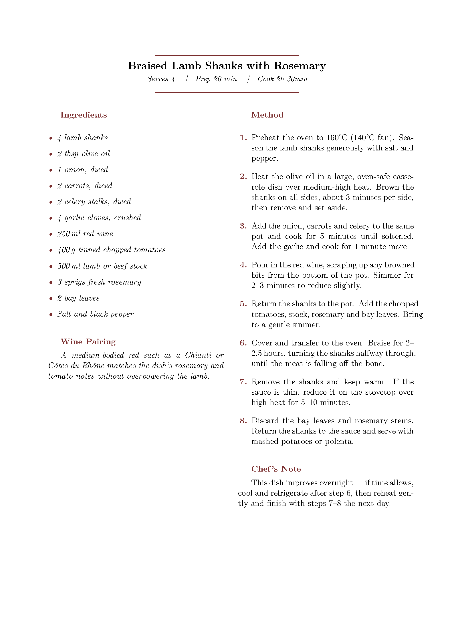 First page of the compiled Jacopo Recipe template