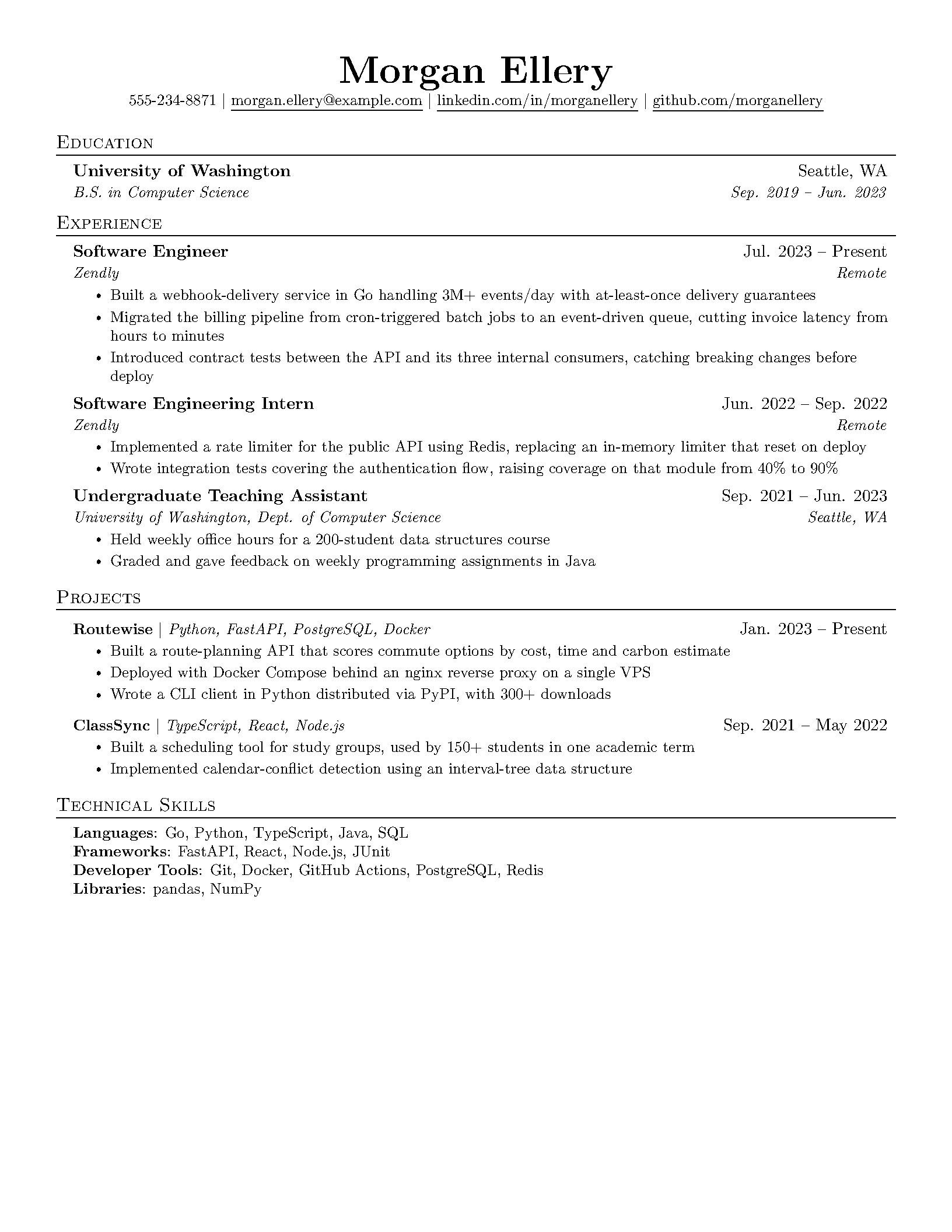First page of the compiled Jake's Resume template