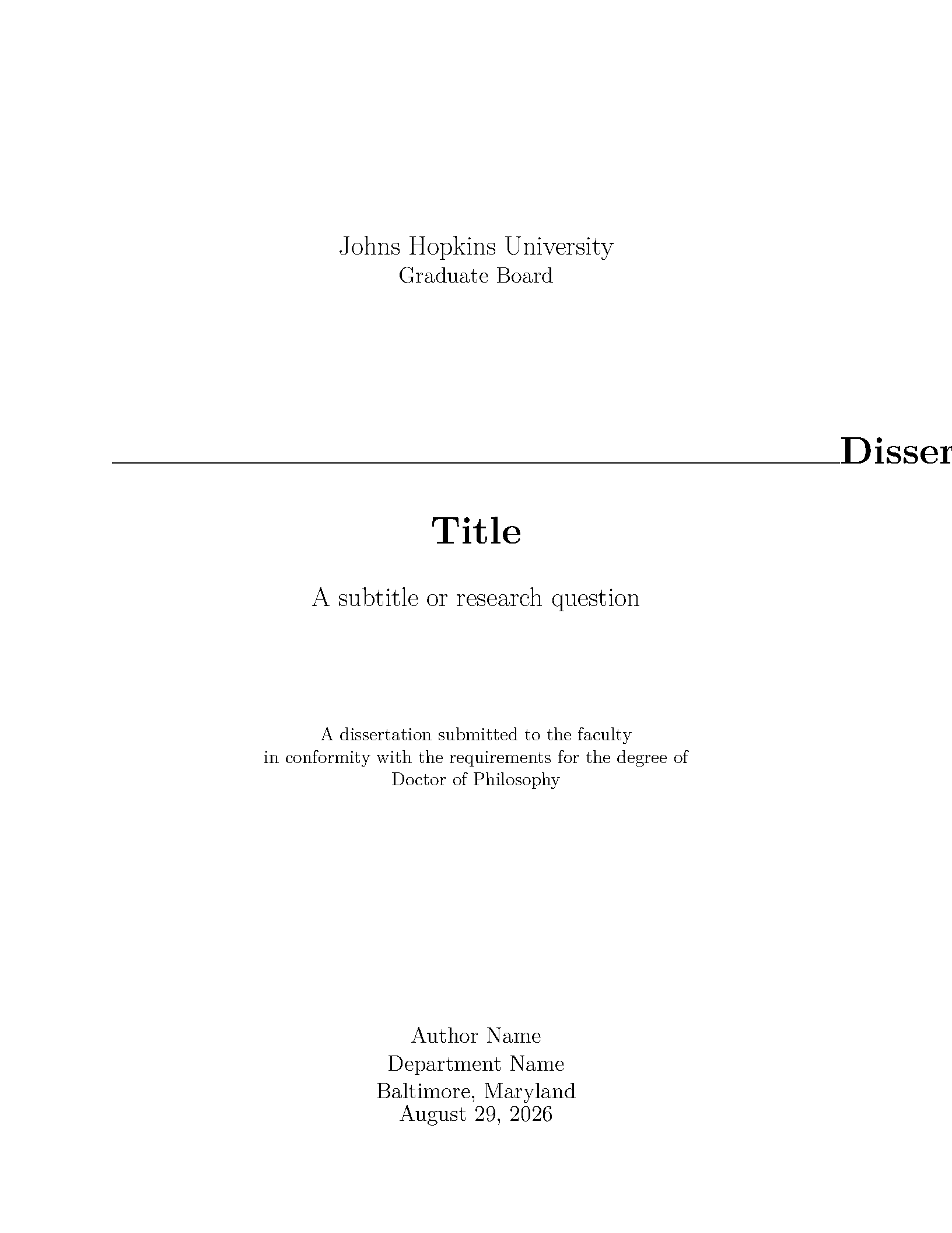 First page of the JHU Dissertation Title-Page Starter template