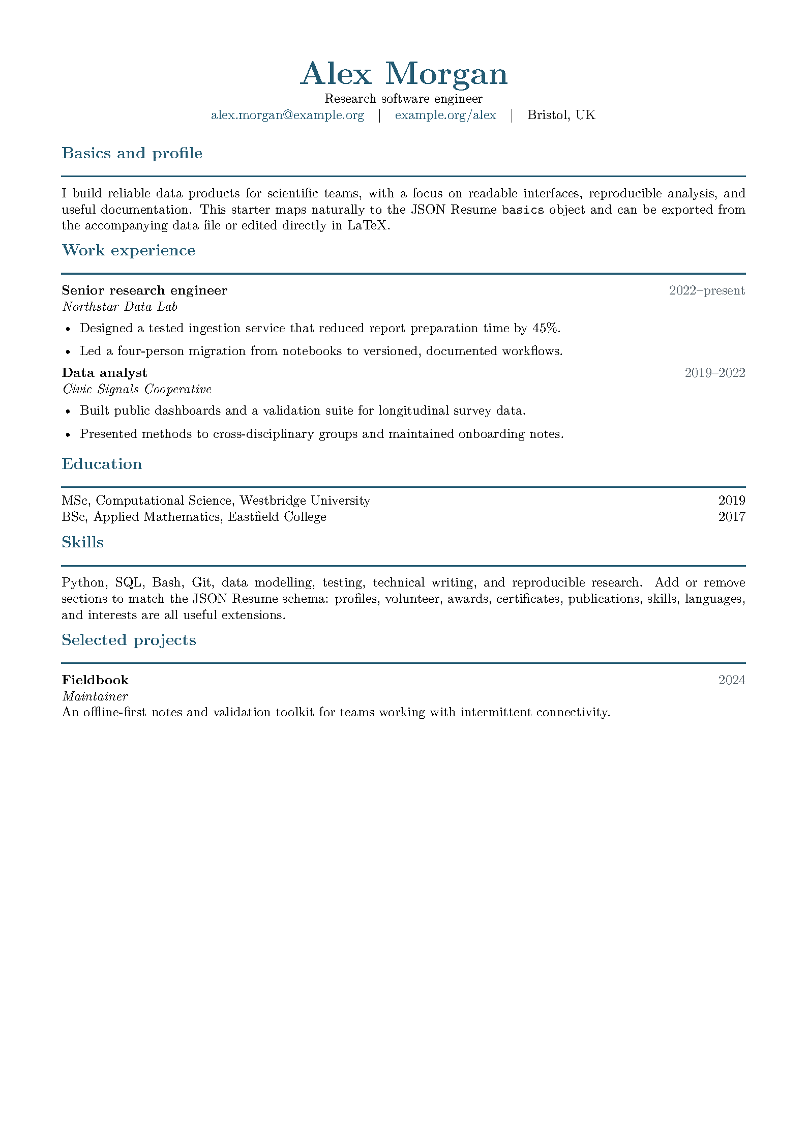 First page of the JSON Resume LaTeX Starter template