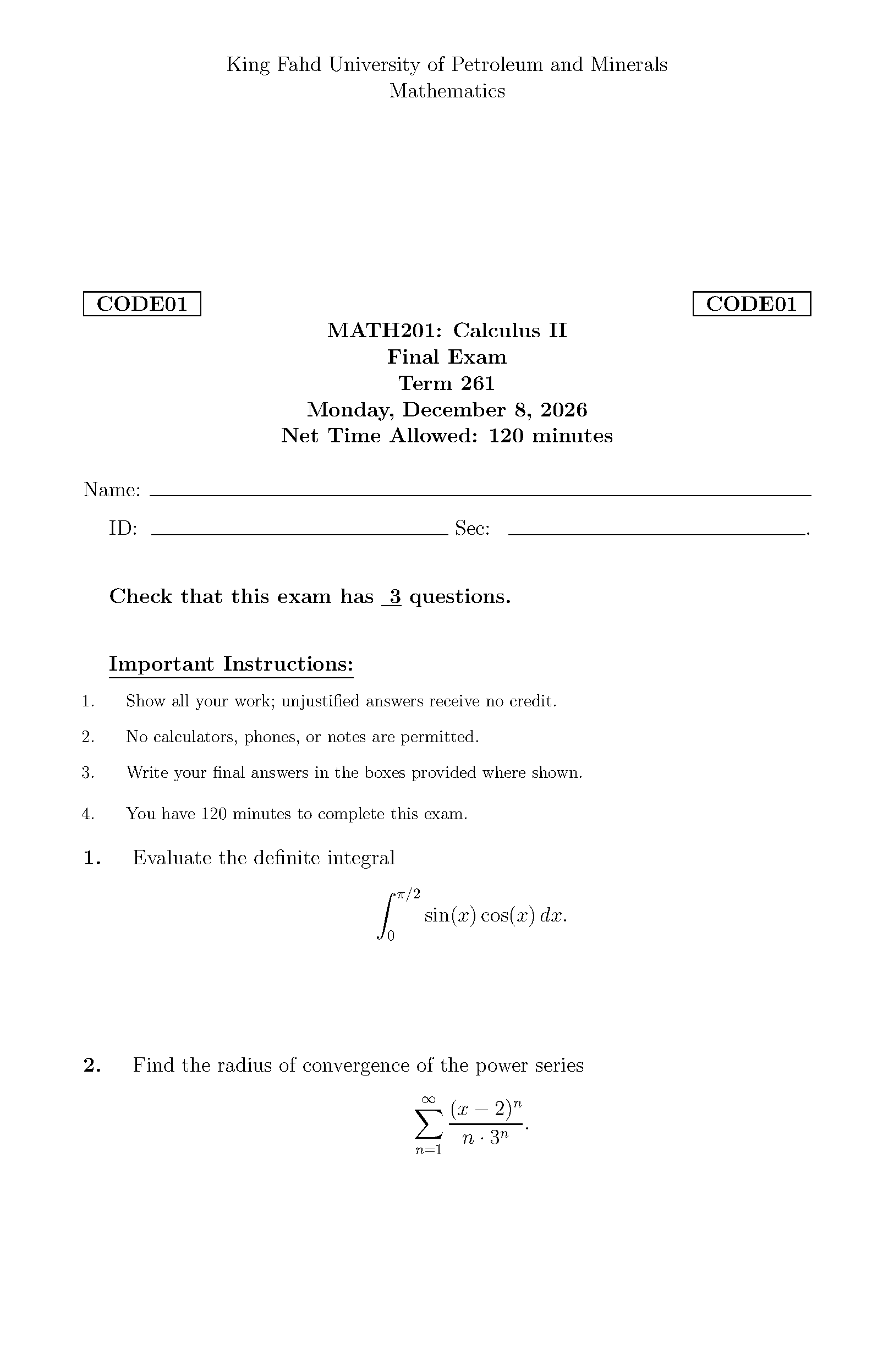 First page of the KFUPM Math Exam template
