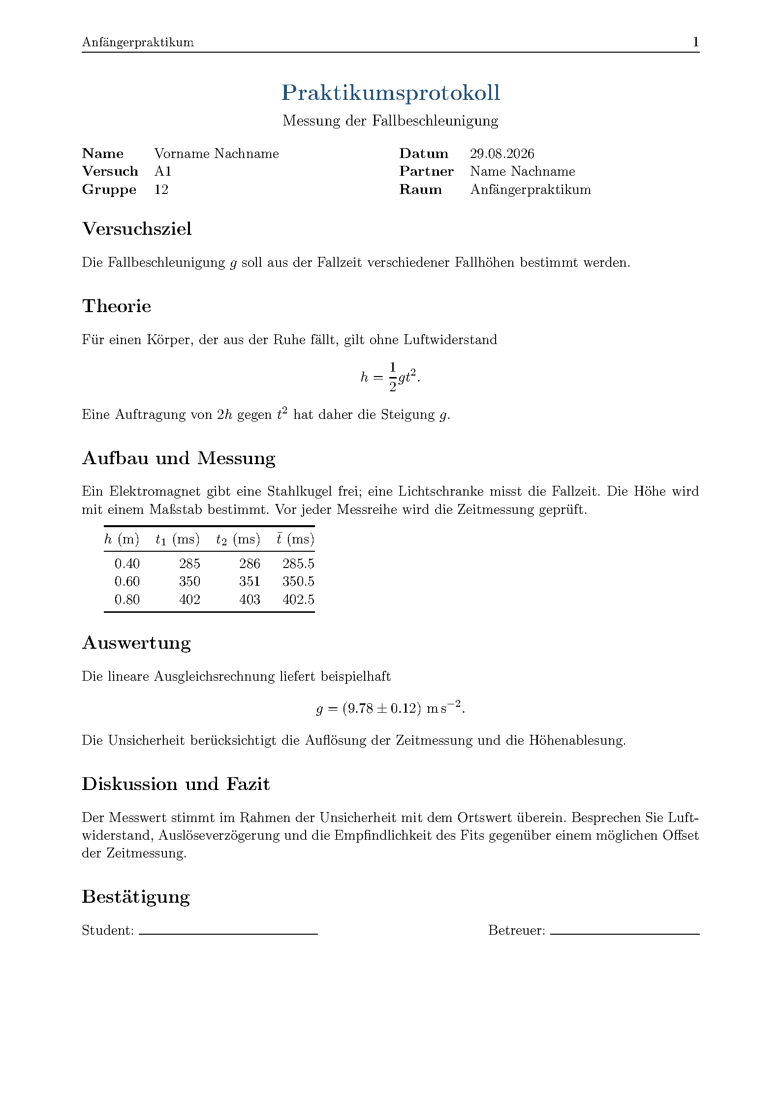 First page of KIT Anfängerpraktikum Protocol