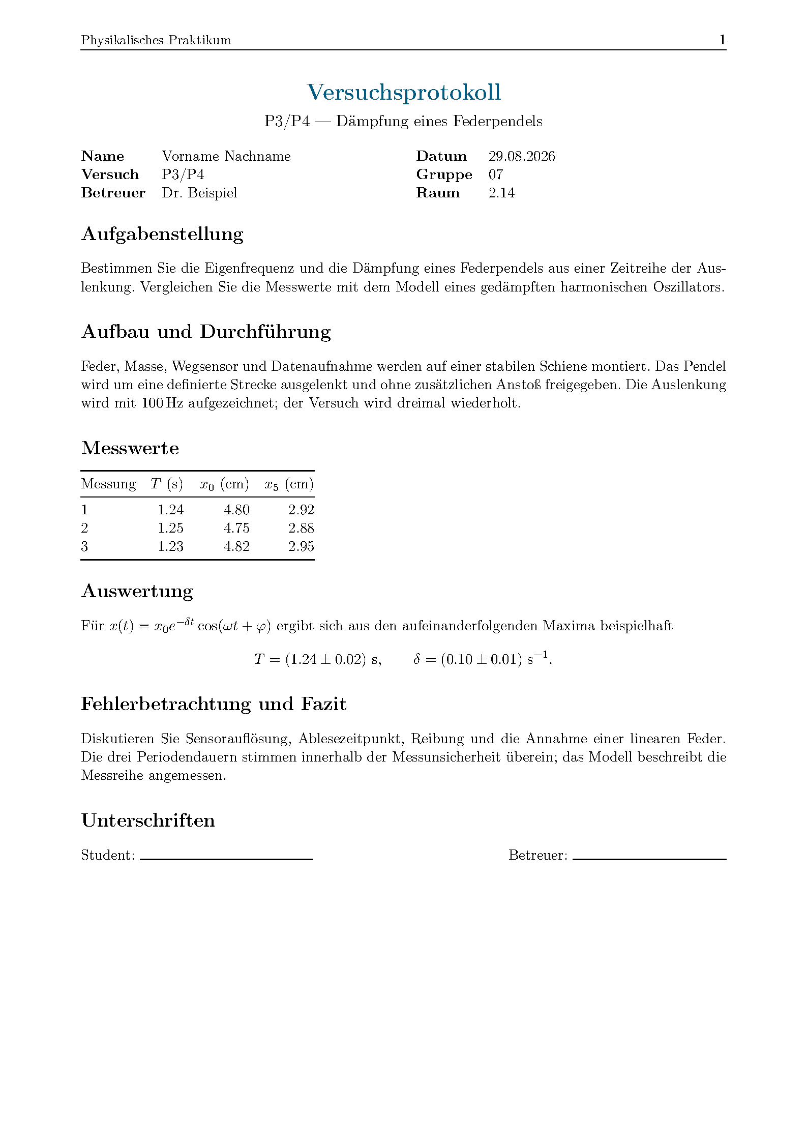 First page of the KIT Physics Praktikum Protocol template