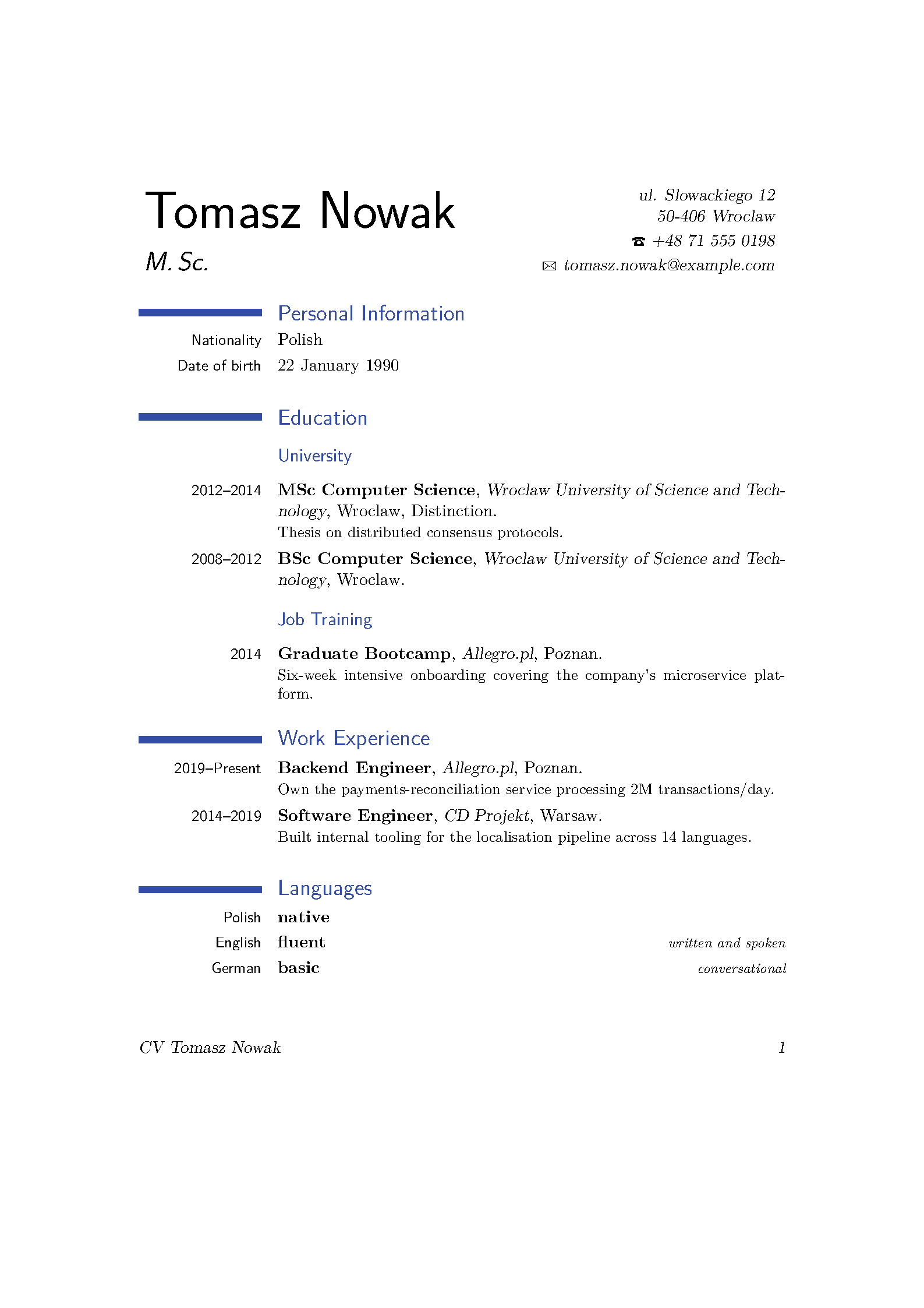 First page of the compiled KOMA ModernCV Classic template