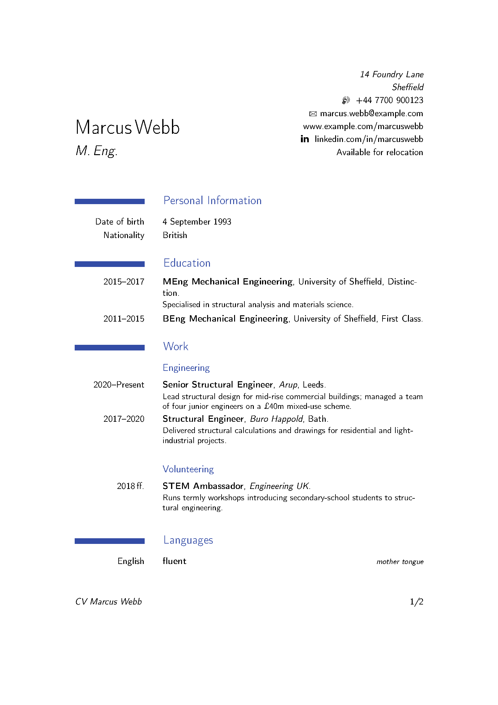 First page of the compiled KOMA-CV template