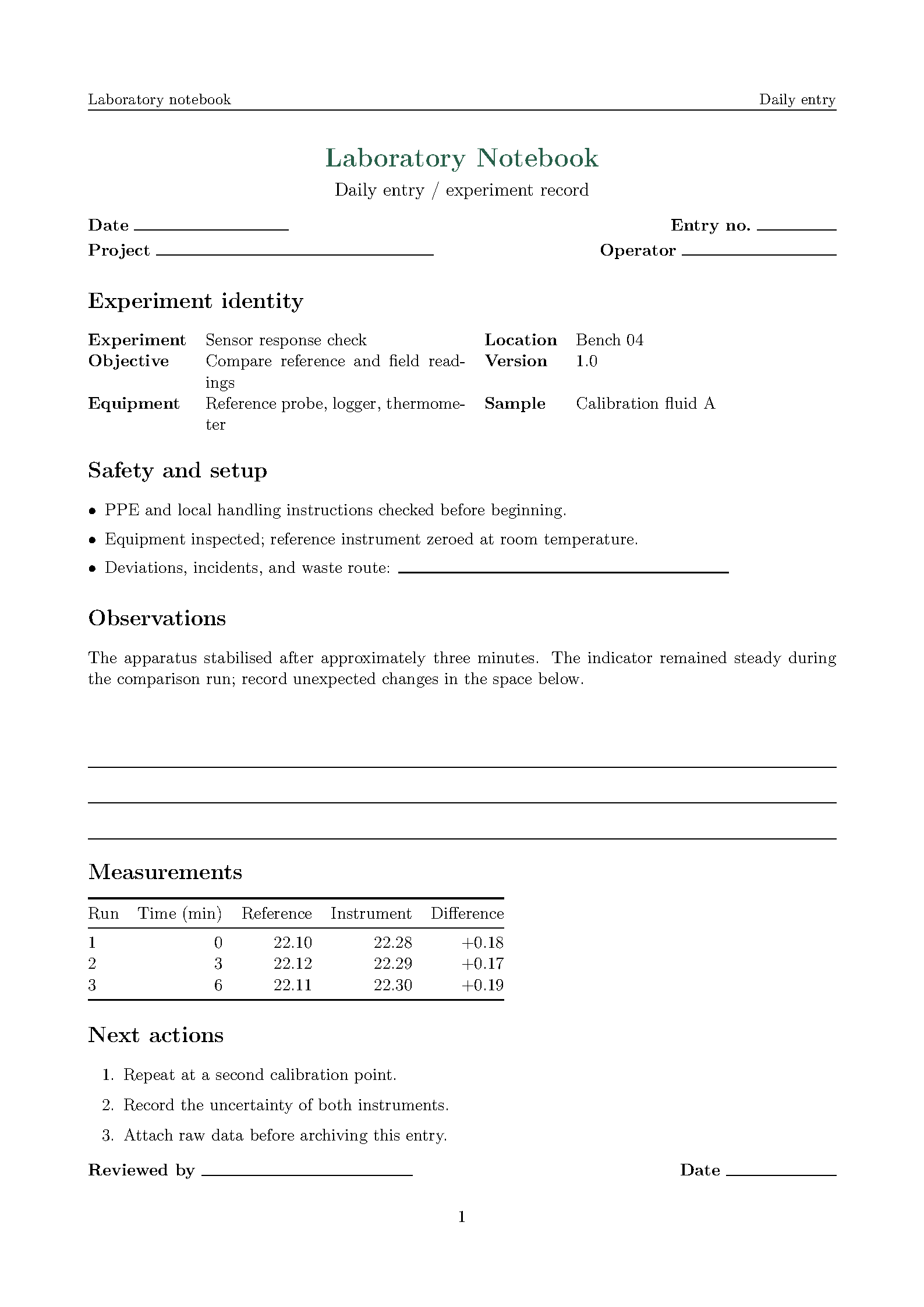 First page of the Laboratory Notebook Daily Entry template