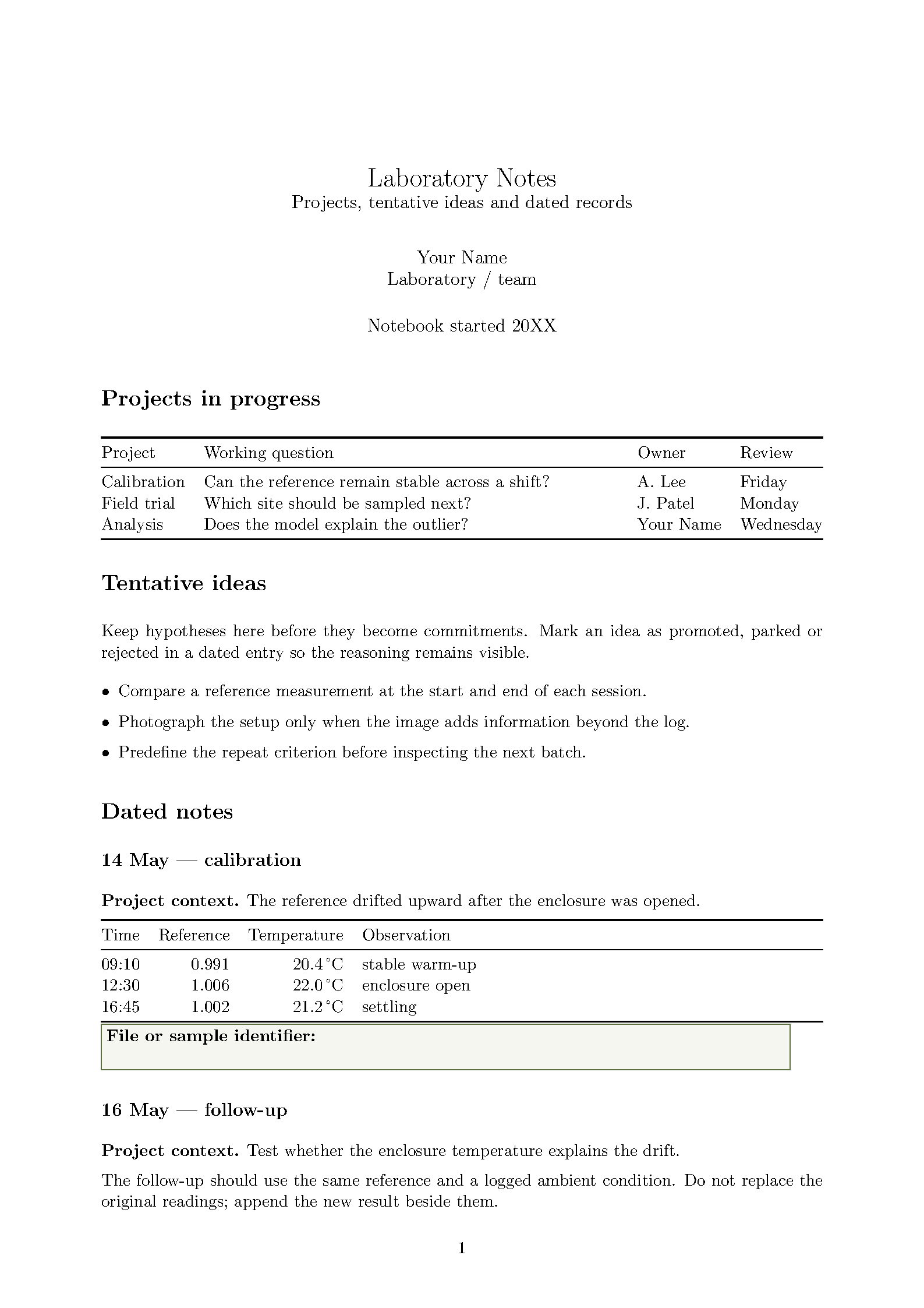 First page of the Laboratory Notes Template template