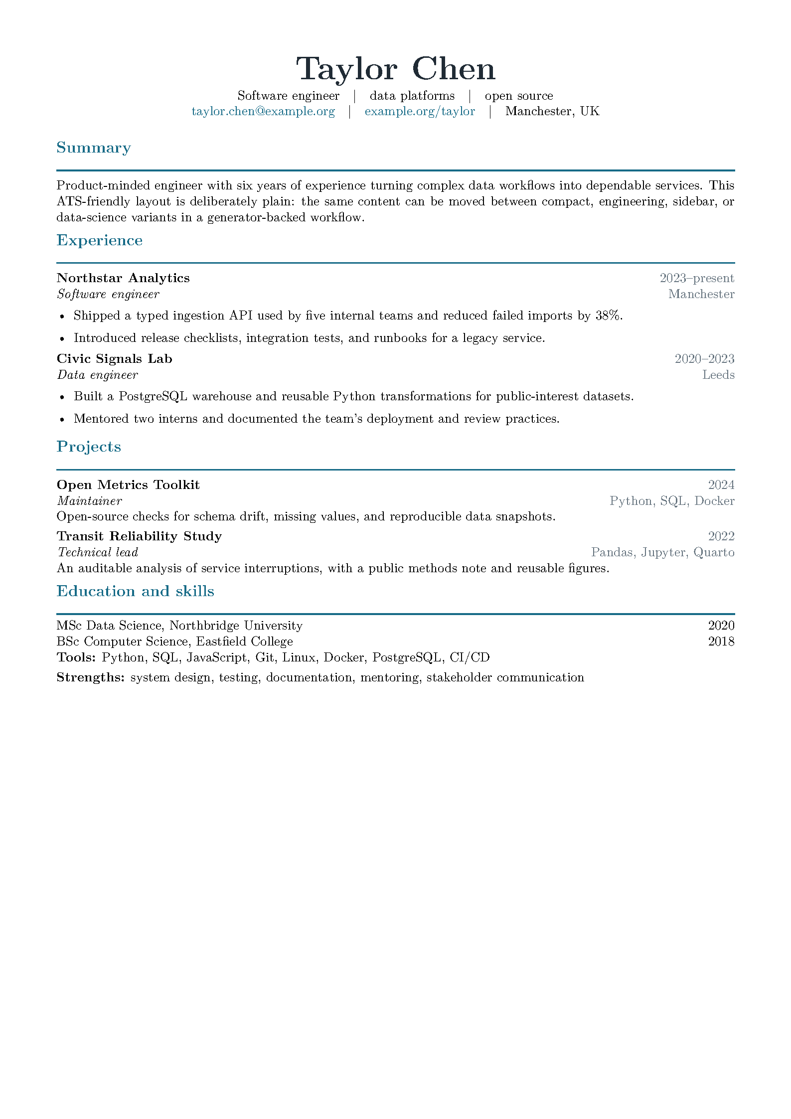 First page of the LaTeX Resume Generator Starter template