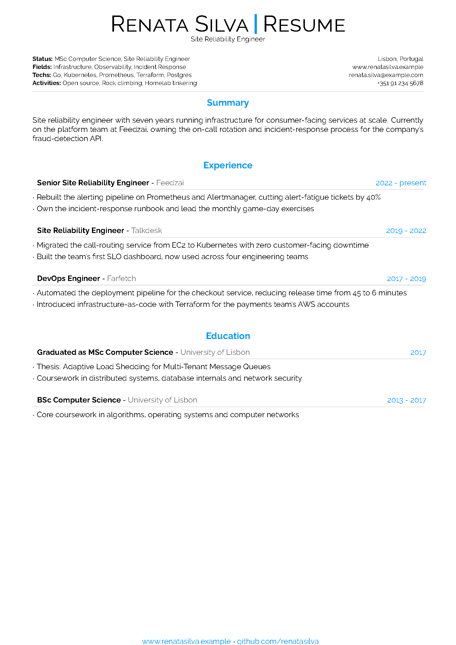 First page of the compiled latexcv template