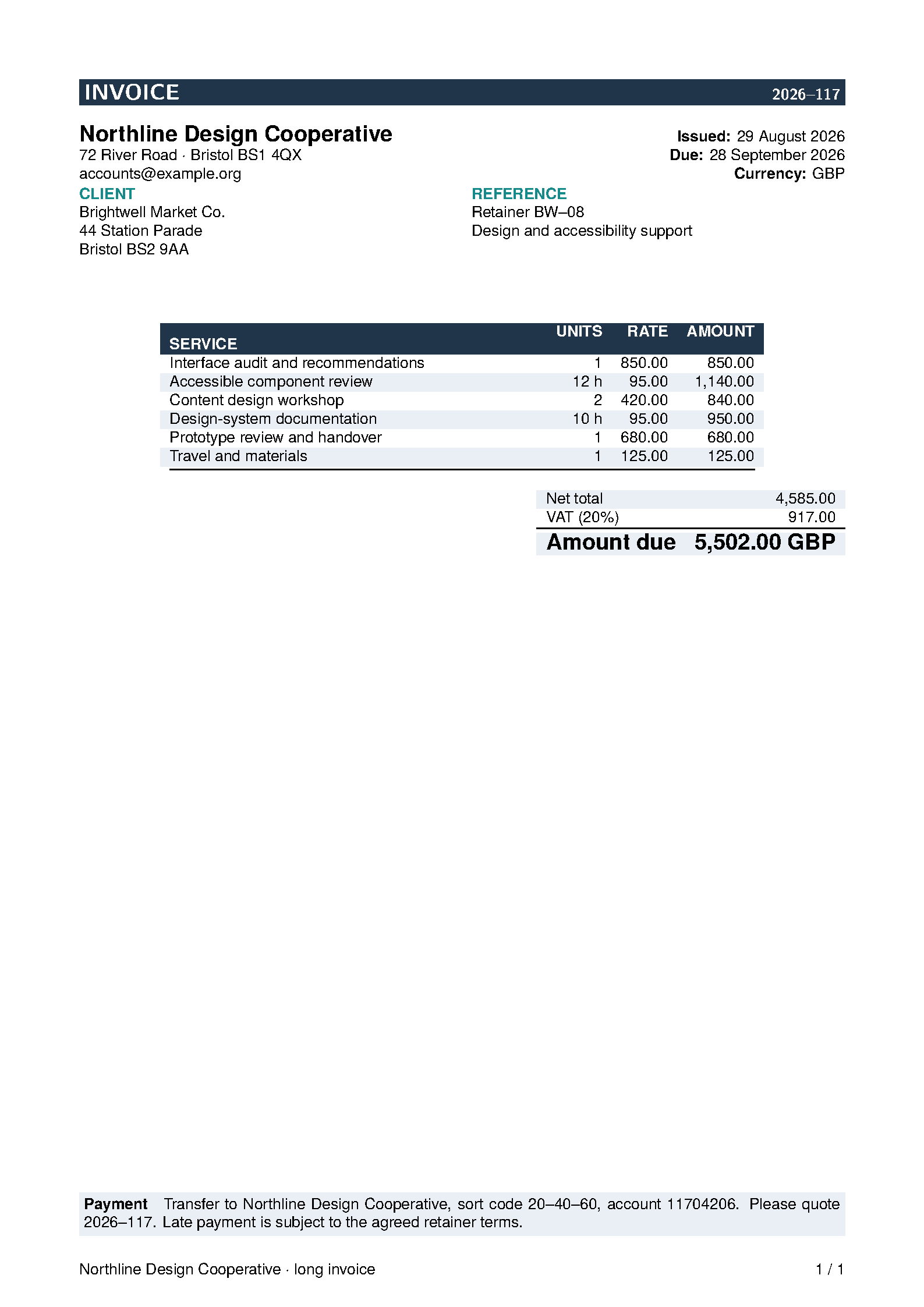 First page of Long Invoice