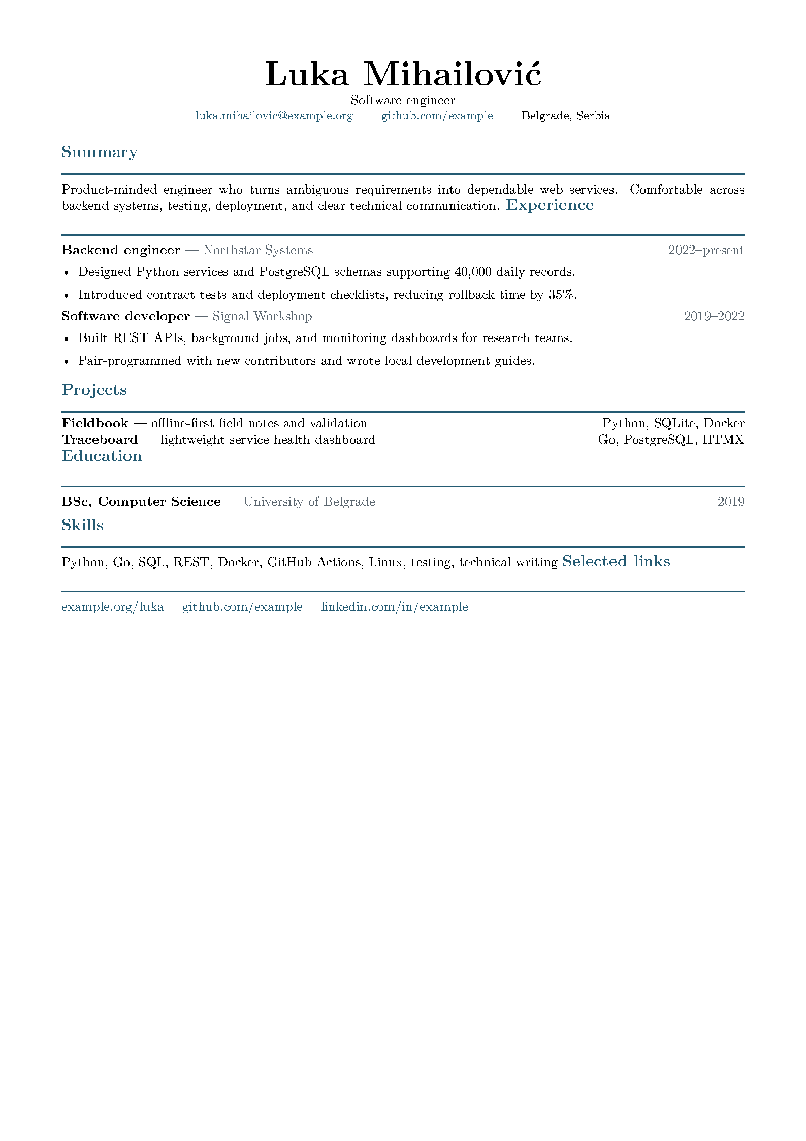 First page of the Luka Mihailović Resume template