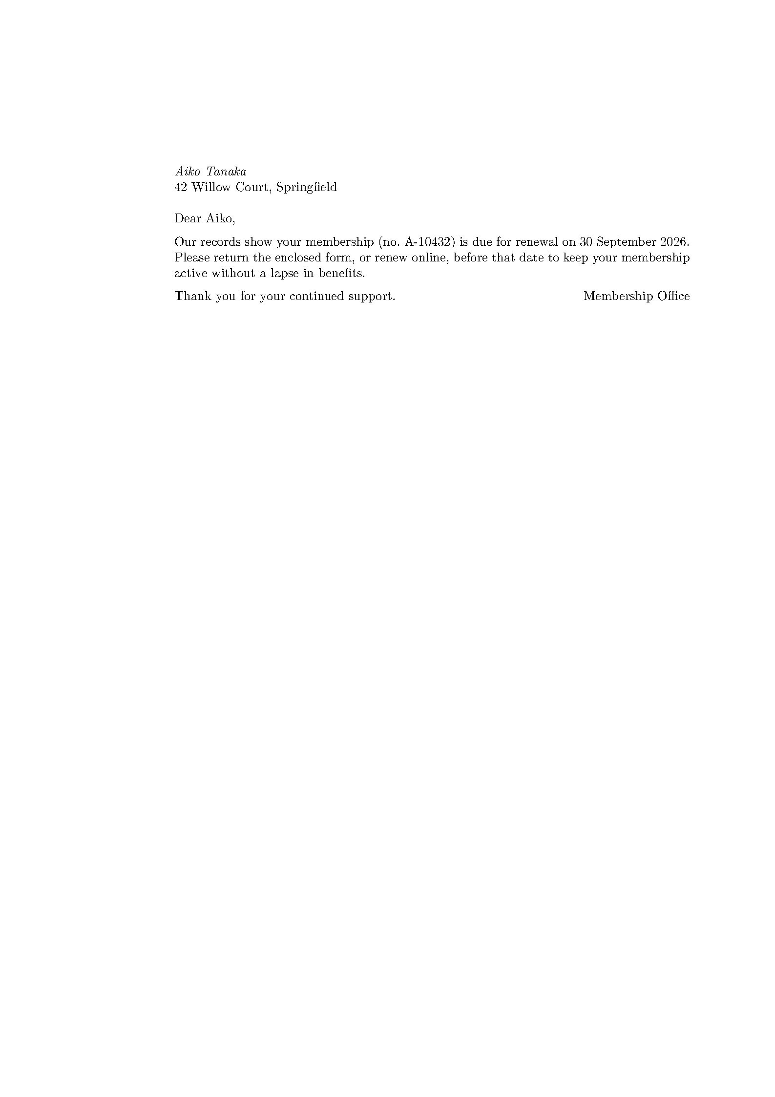 First page of the Mail-Merge Form Letter template