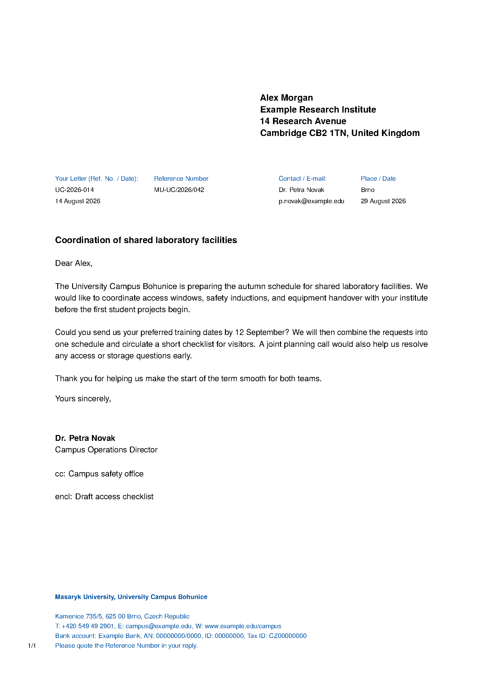First page of the Masaryk Bohunice Campus Letter template