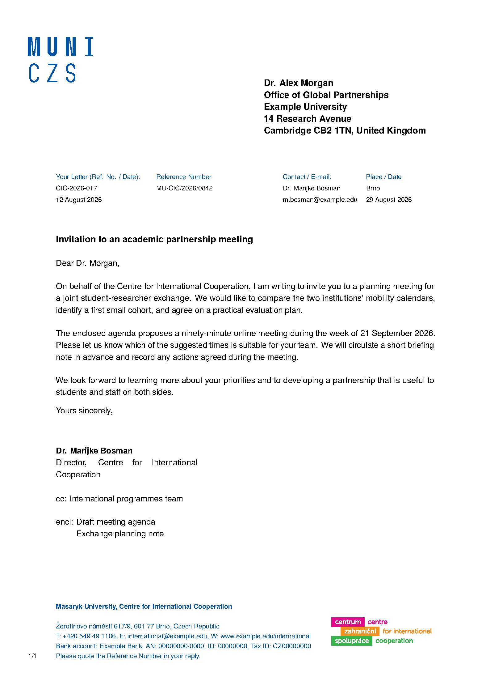First page of the Masaryk Centre for International Cooperation Letter template