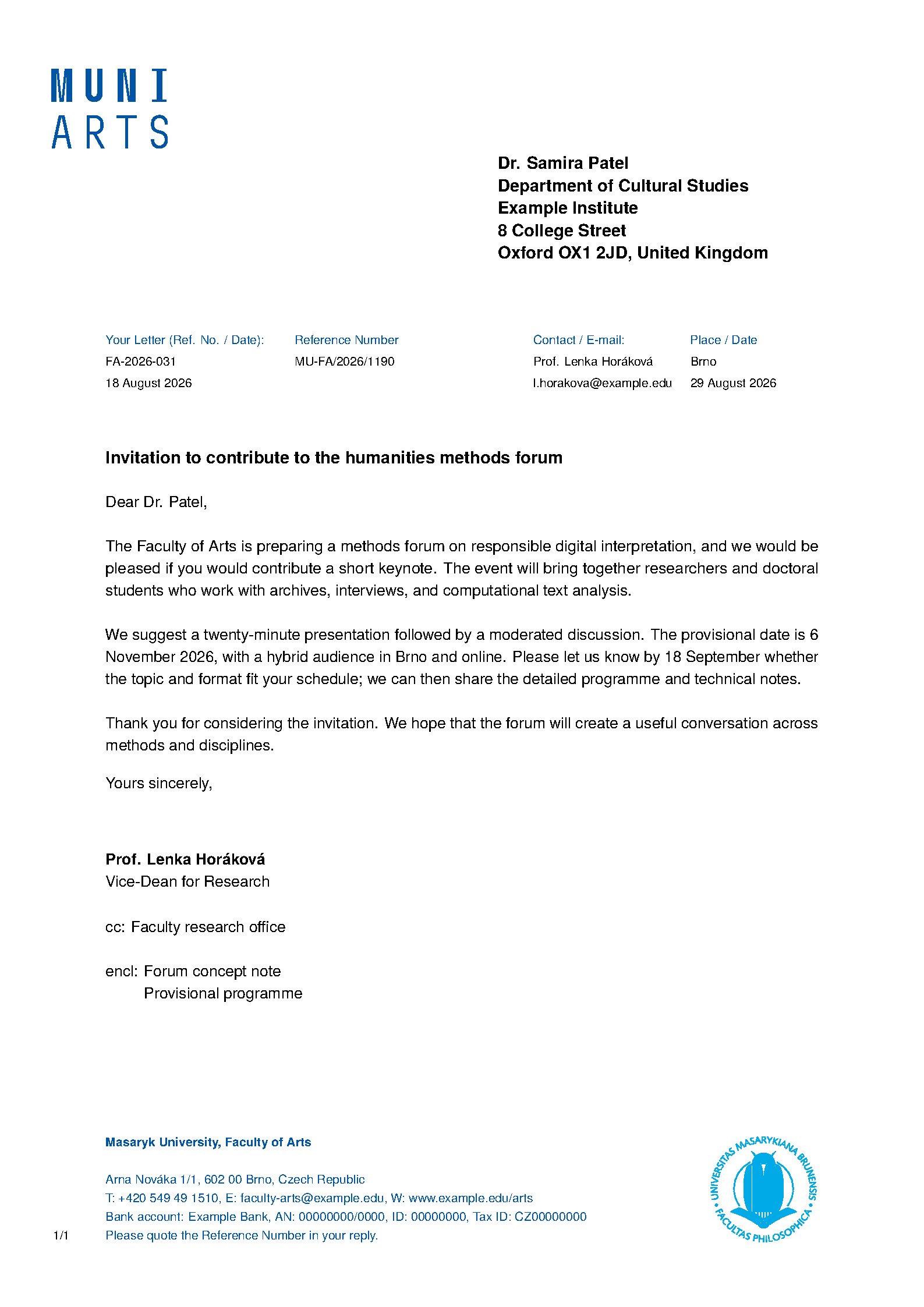 First page of the Masaryk Faculty of Arts Letter template