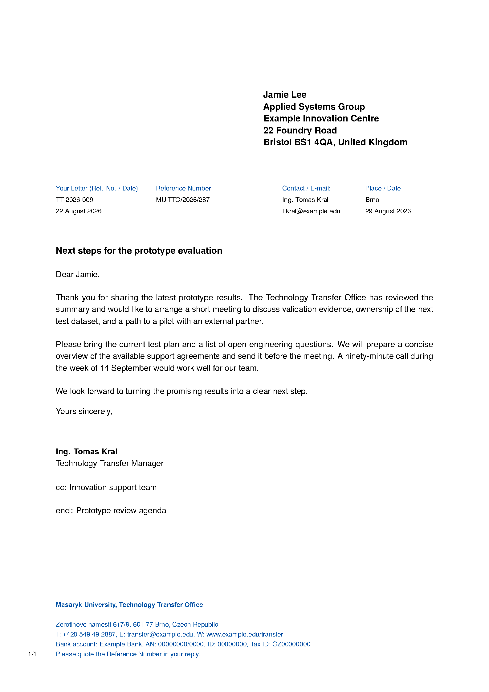 First page of the Masaryk Technology Transfer Letter template
