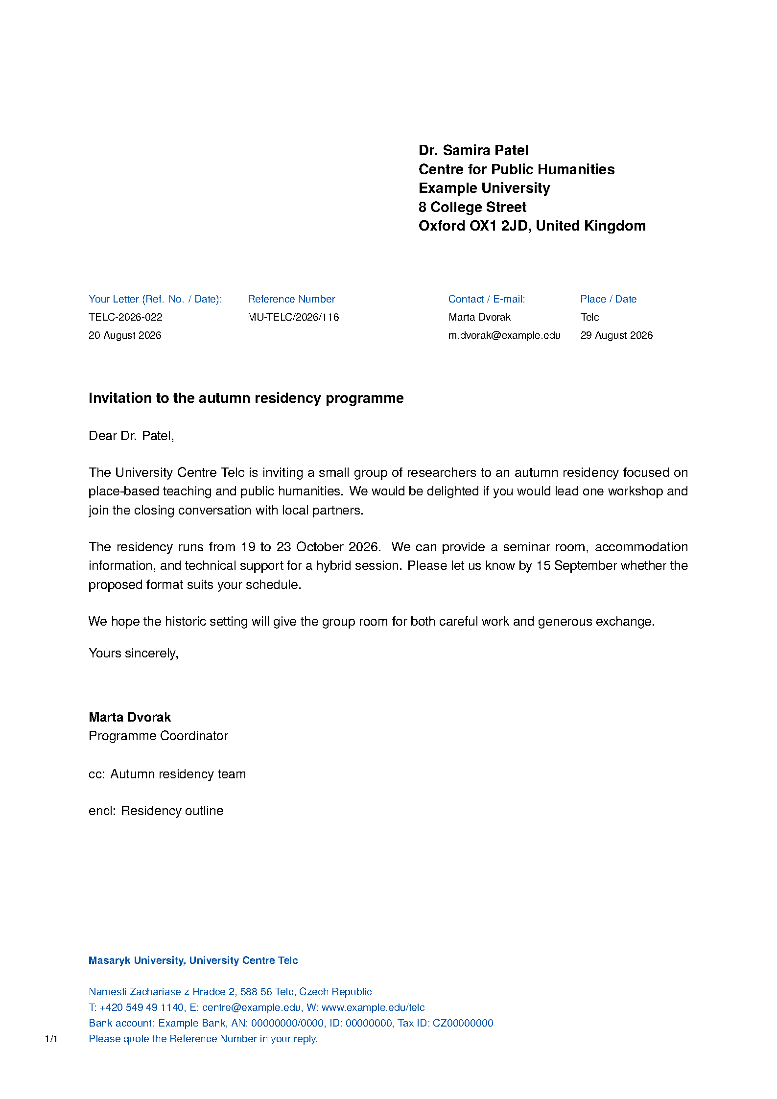 First page of the Masaryk Telč Centre Letter template