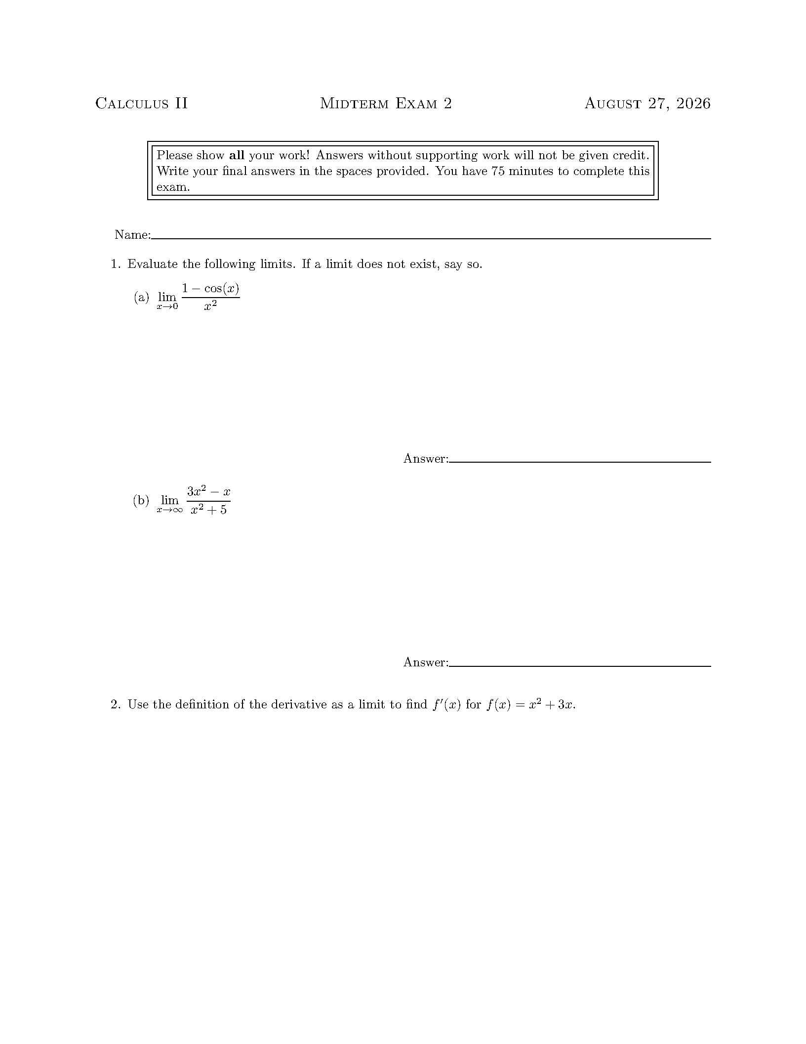 First page of the mathexam template