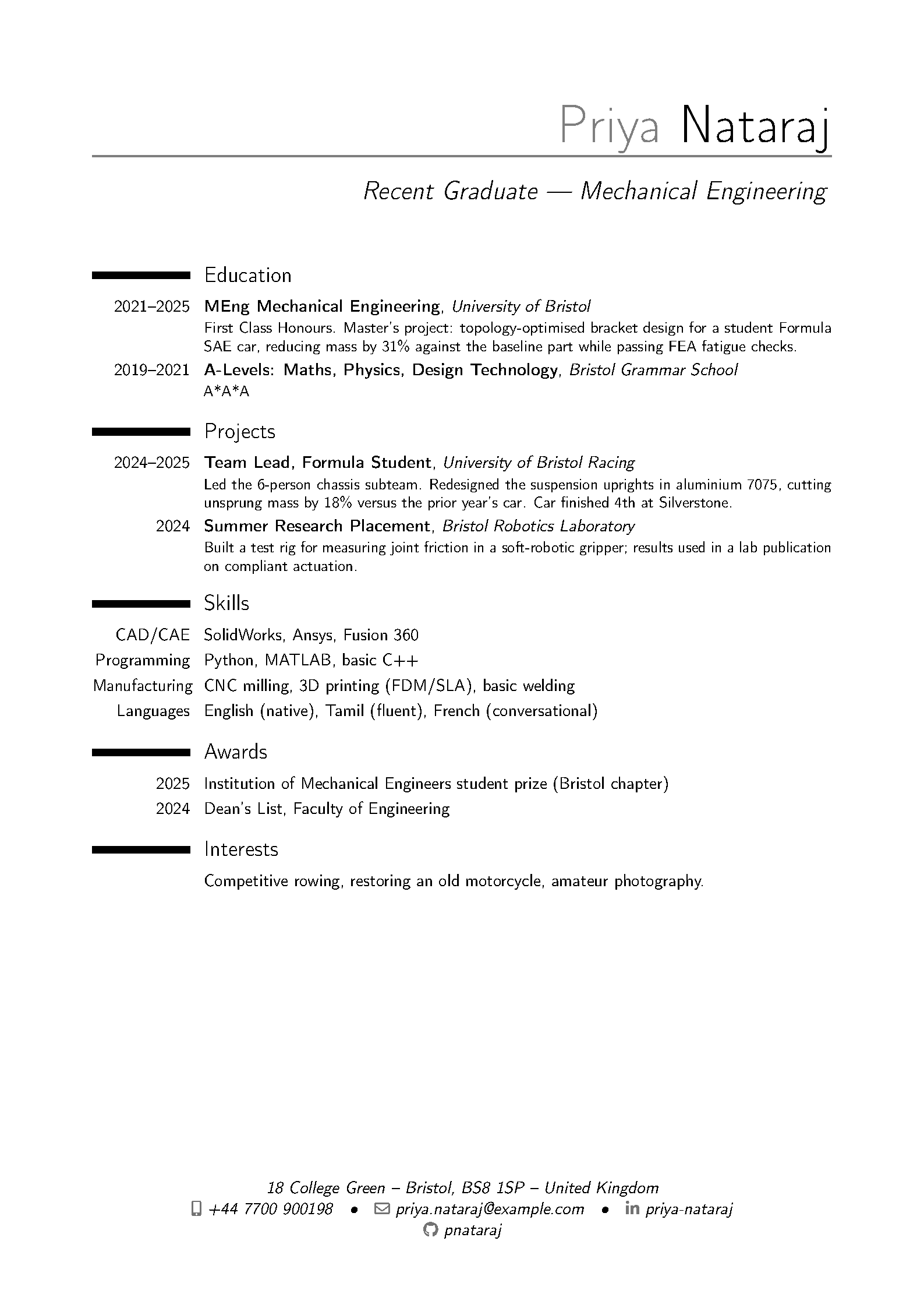 First page of the compiled Medium Length Graduate CV template