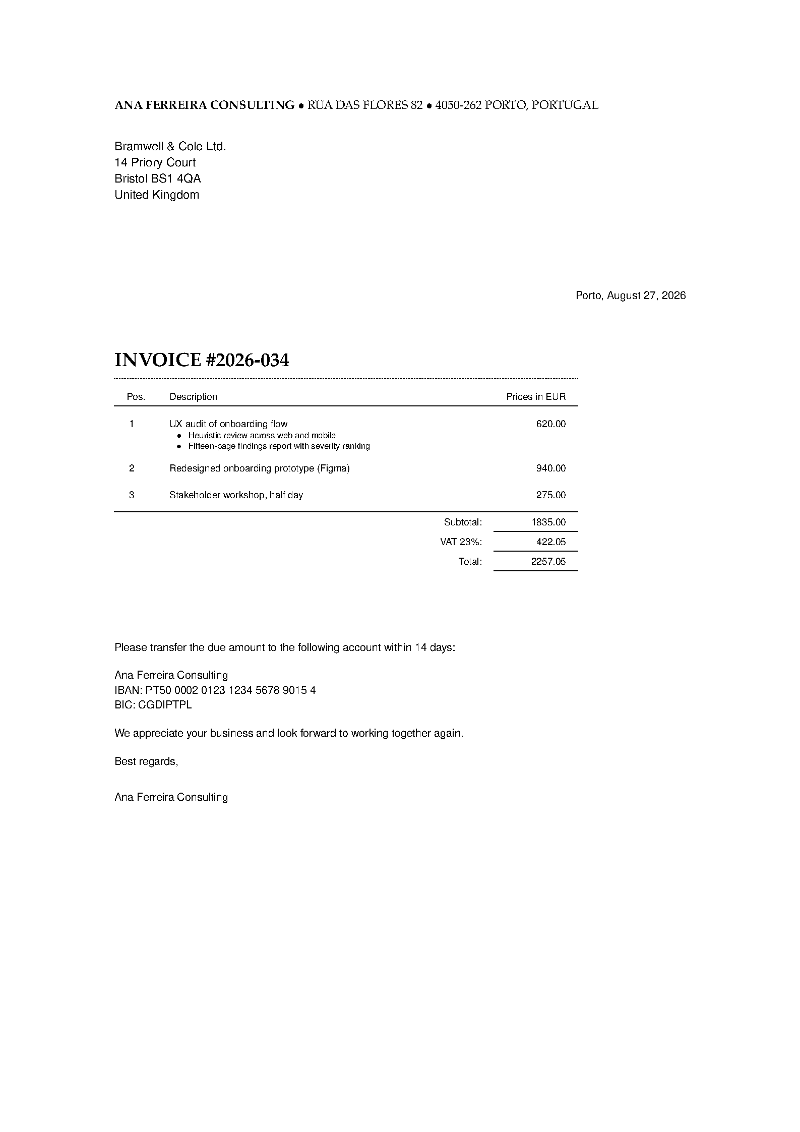 First page of the compiled Minimal Invoice template