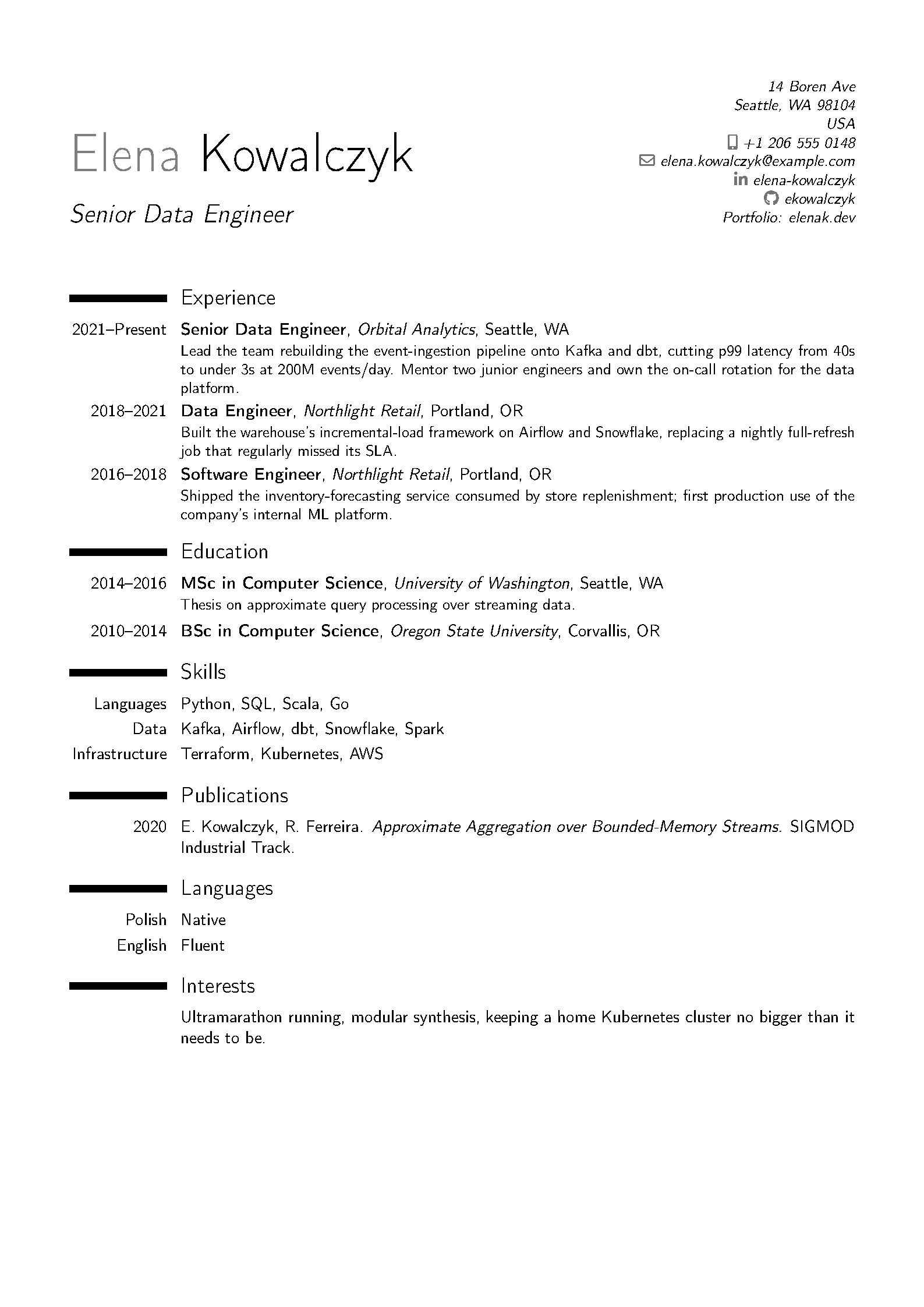 First page of the ModernCV CV and Cover Letter template