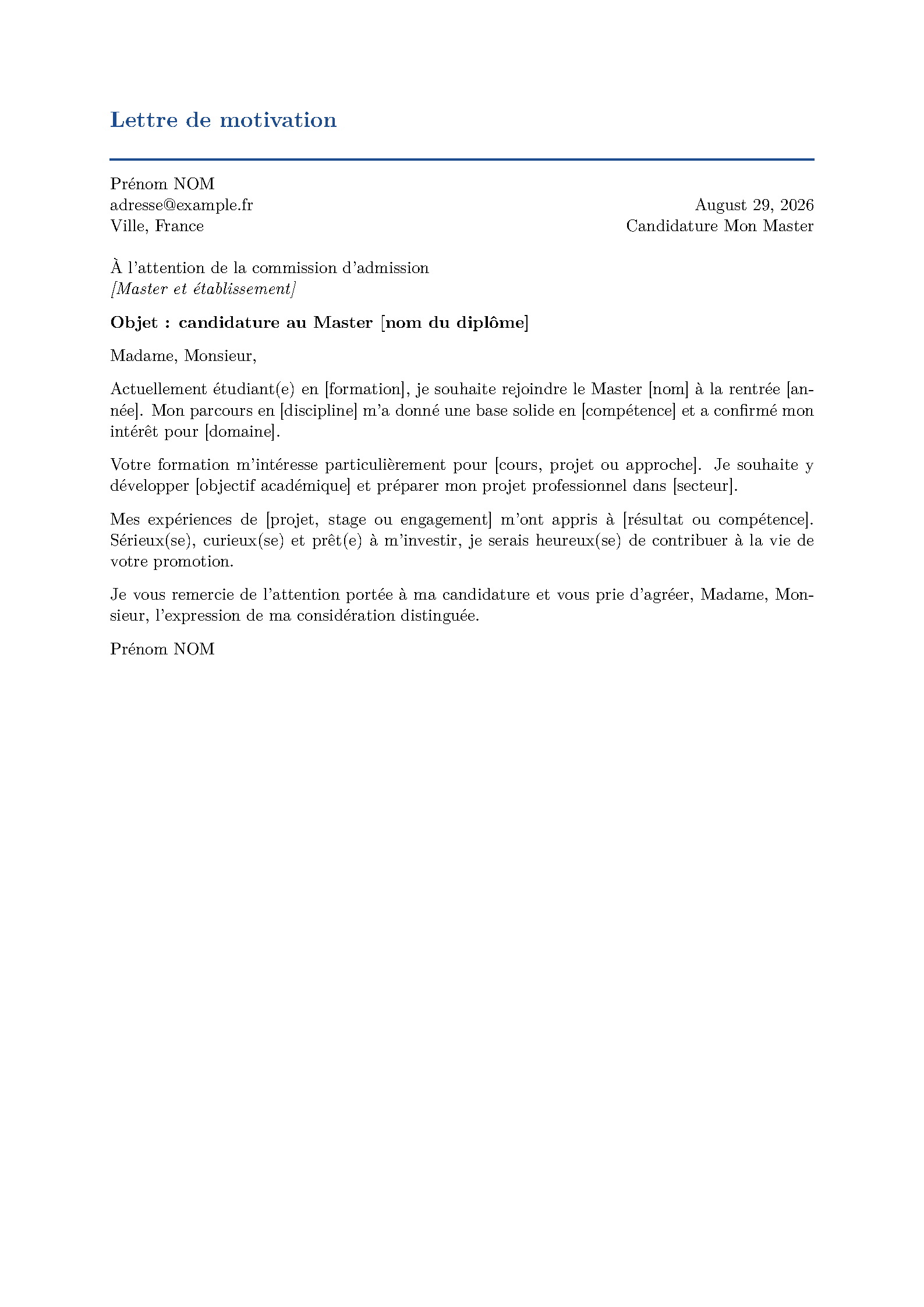 First page of the Mon Master Motivation Letter template