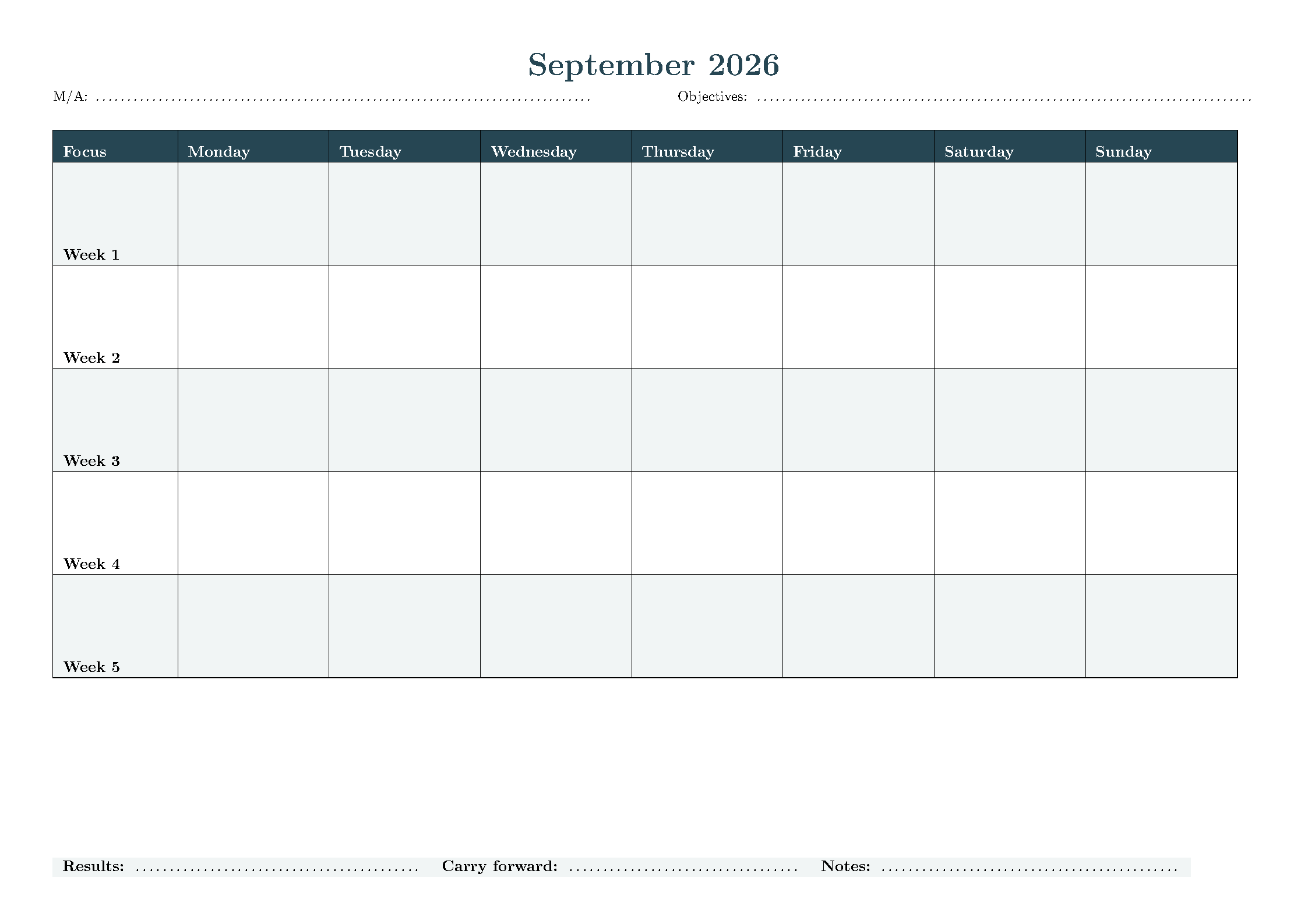 First page of the Month Planner template