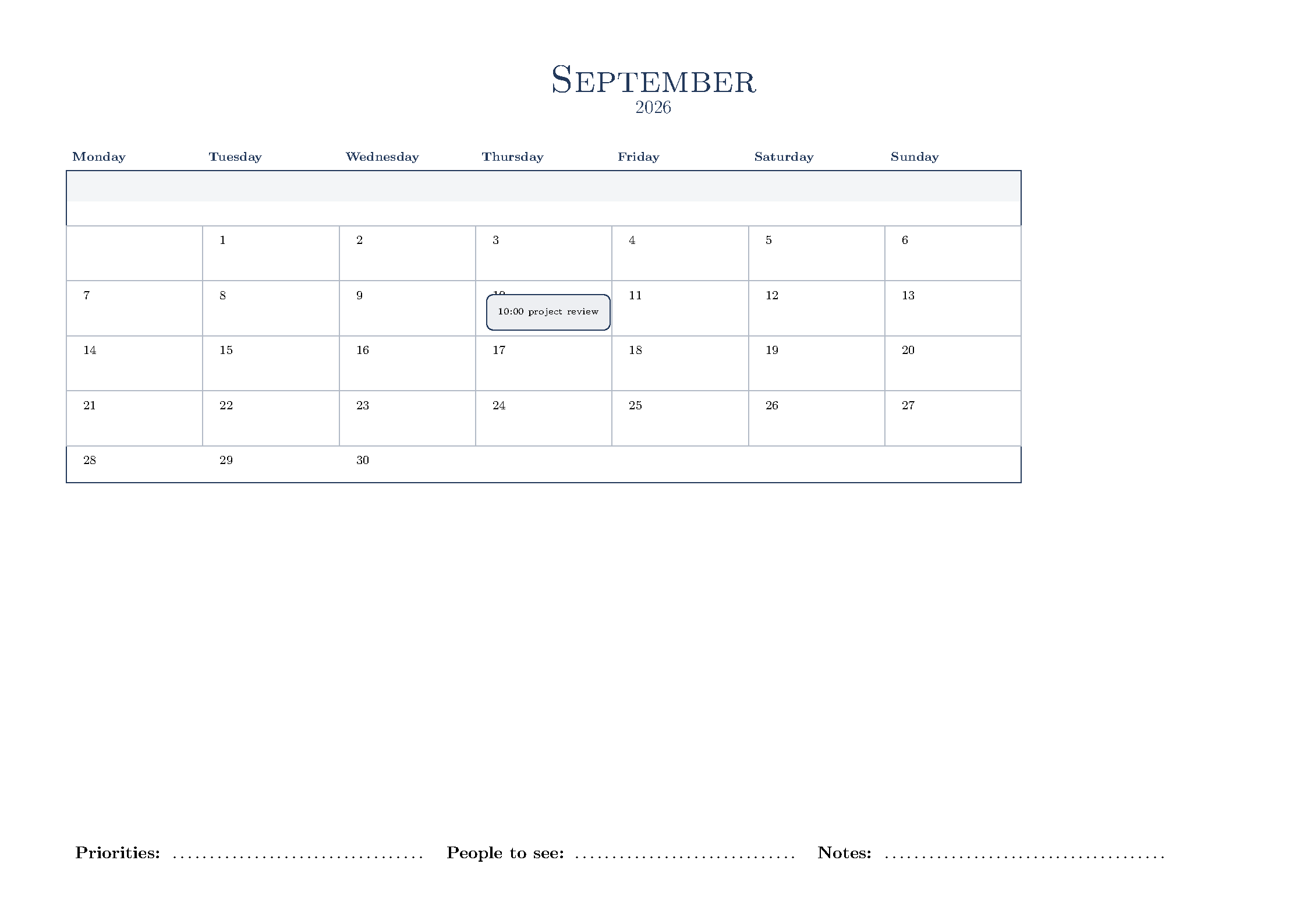 First page of the Monthly Calendar LaTeX Template template