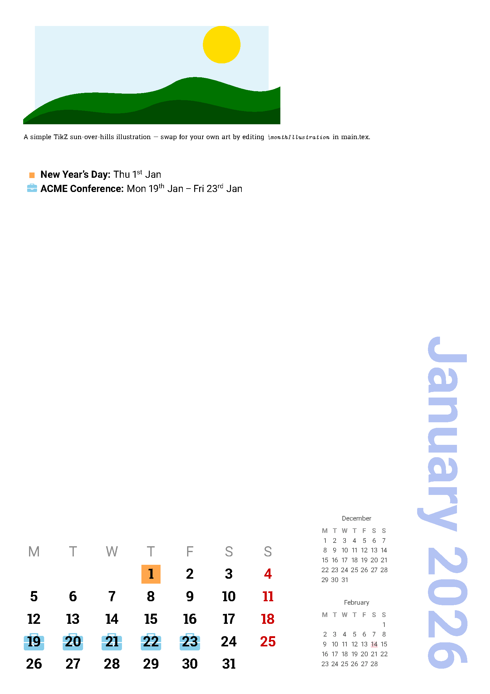 First page of the Multilingual Wall Calendar template