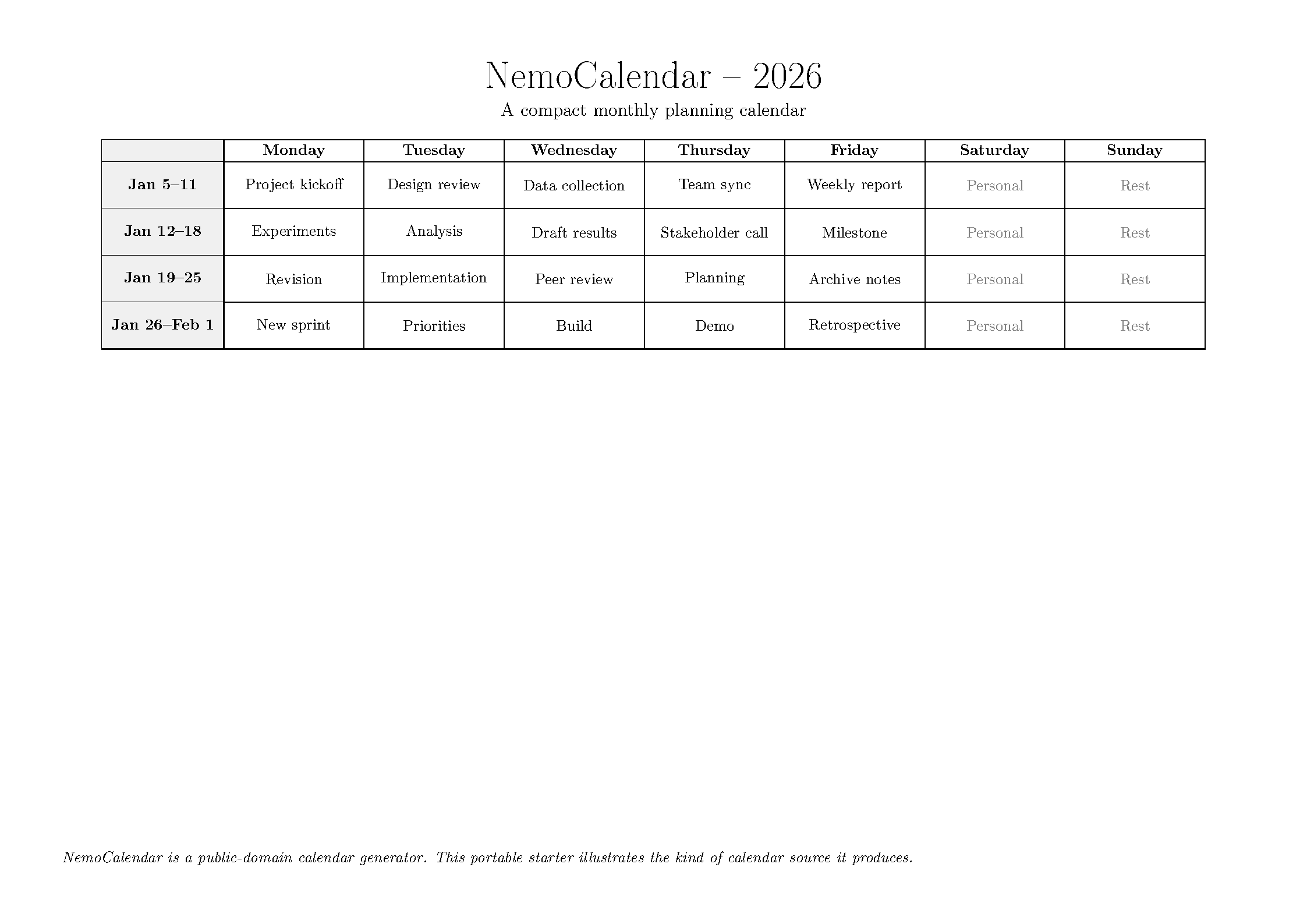 First page of the NemoCalendar template