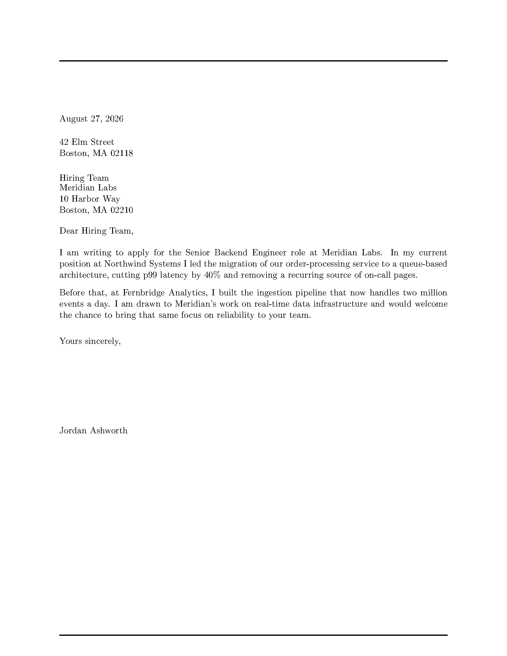 First page of the NewLFM Cover Letter template