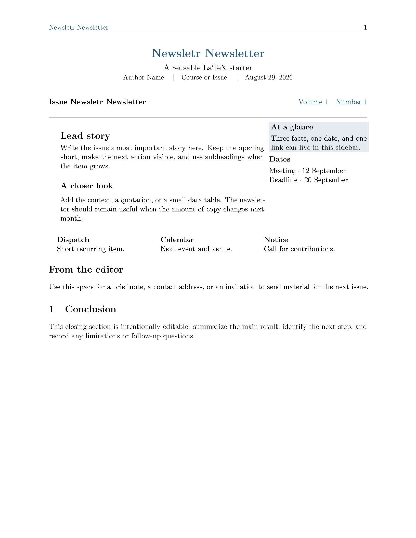 First page of the Newsletr Newsletter template