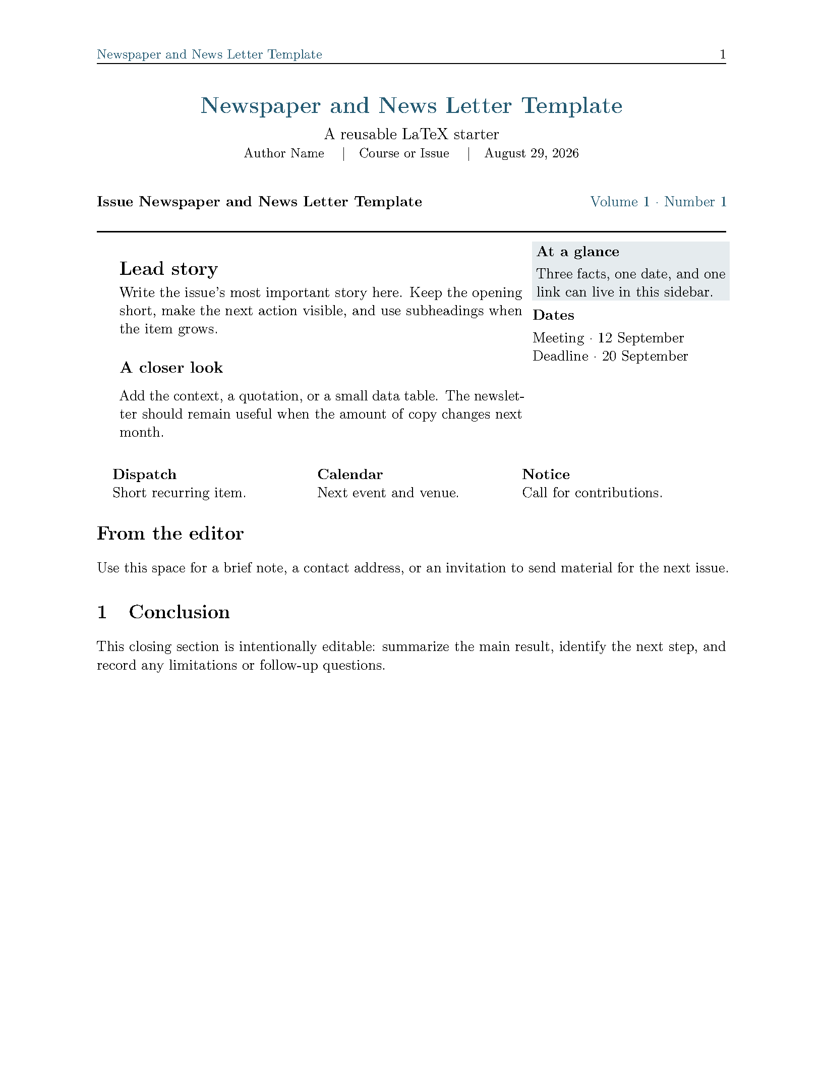 First page of the Newspaper and News Letter Template template