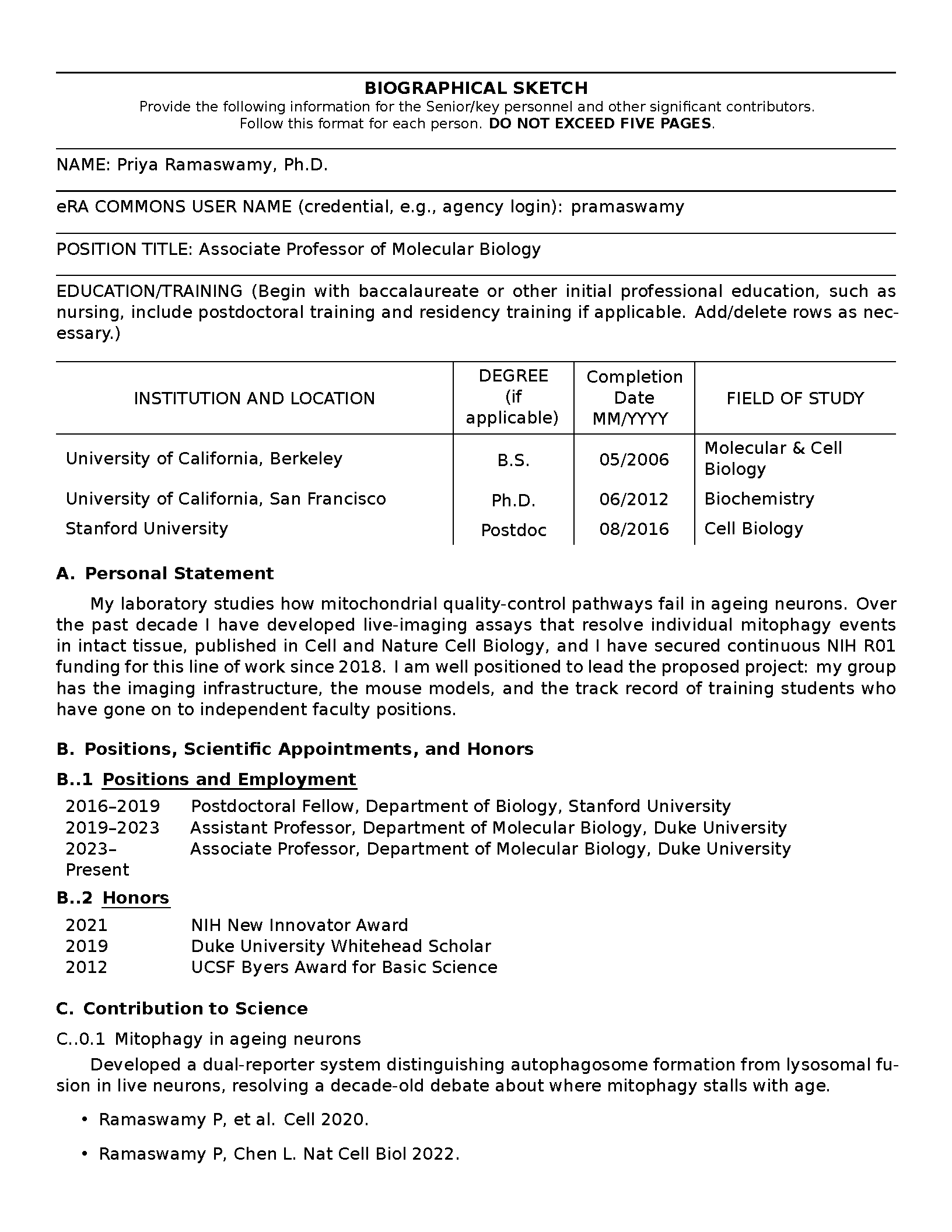 First page of the compiled NIH Biosketch template