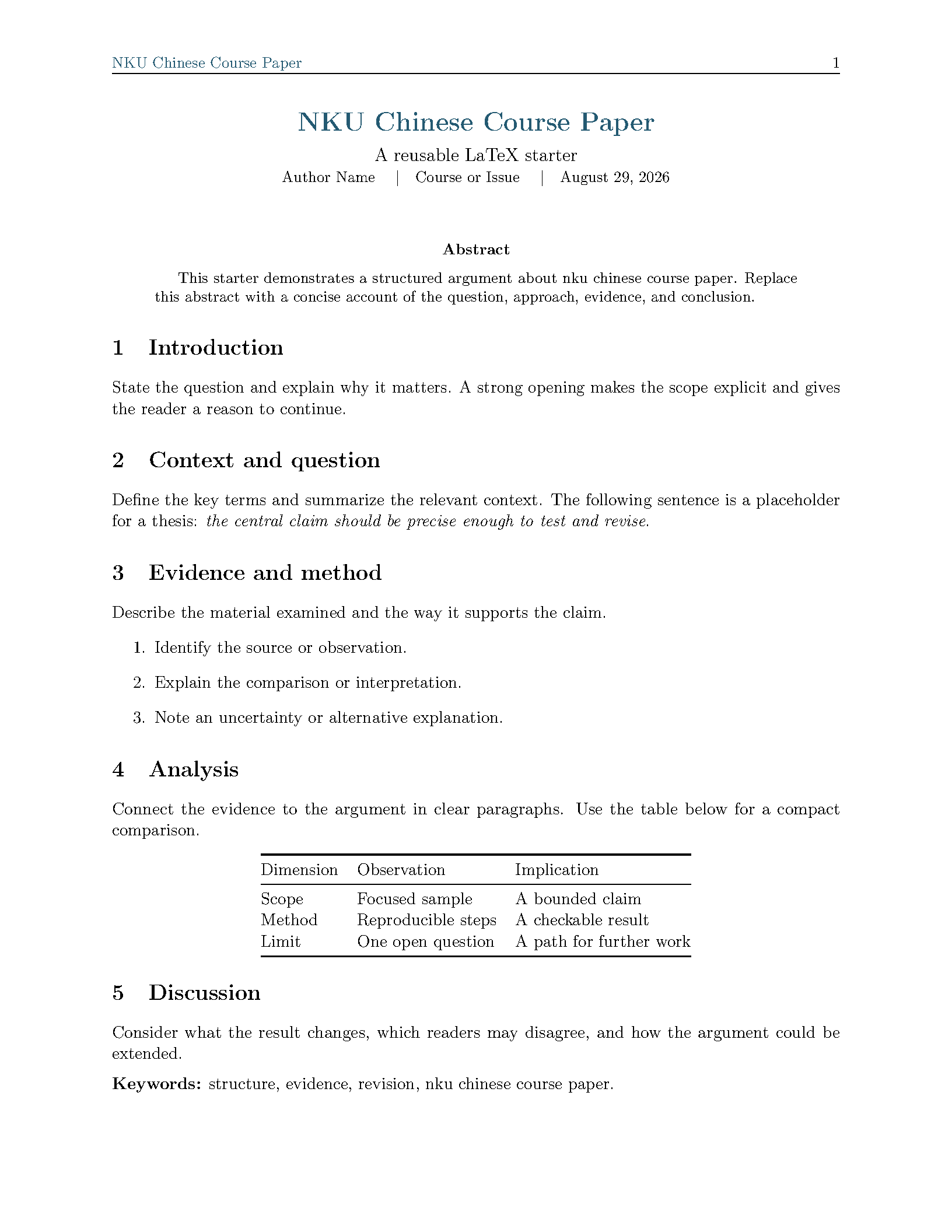 First page of NKU Chinese Course Paper
