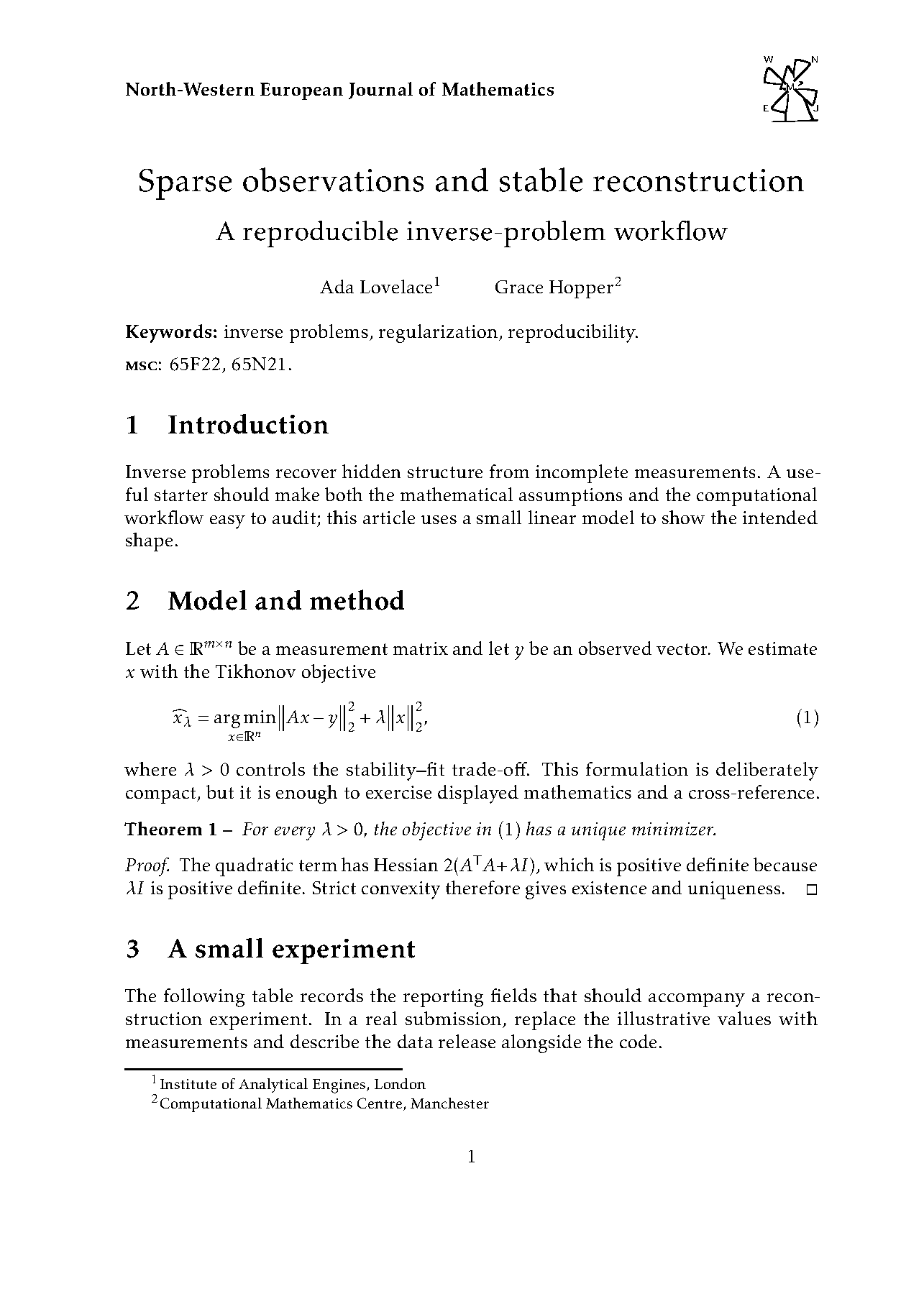 First page of North-Western European Journal of Mathematics