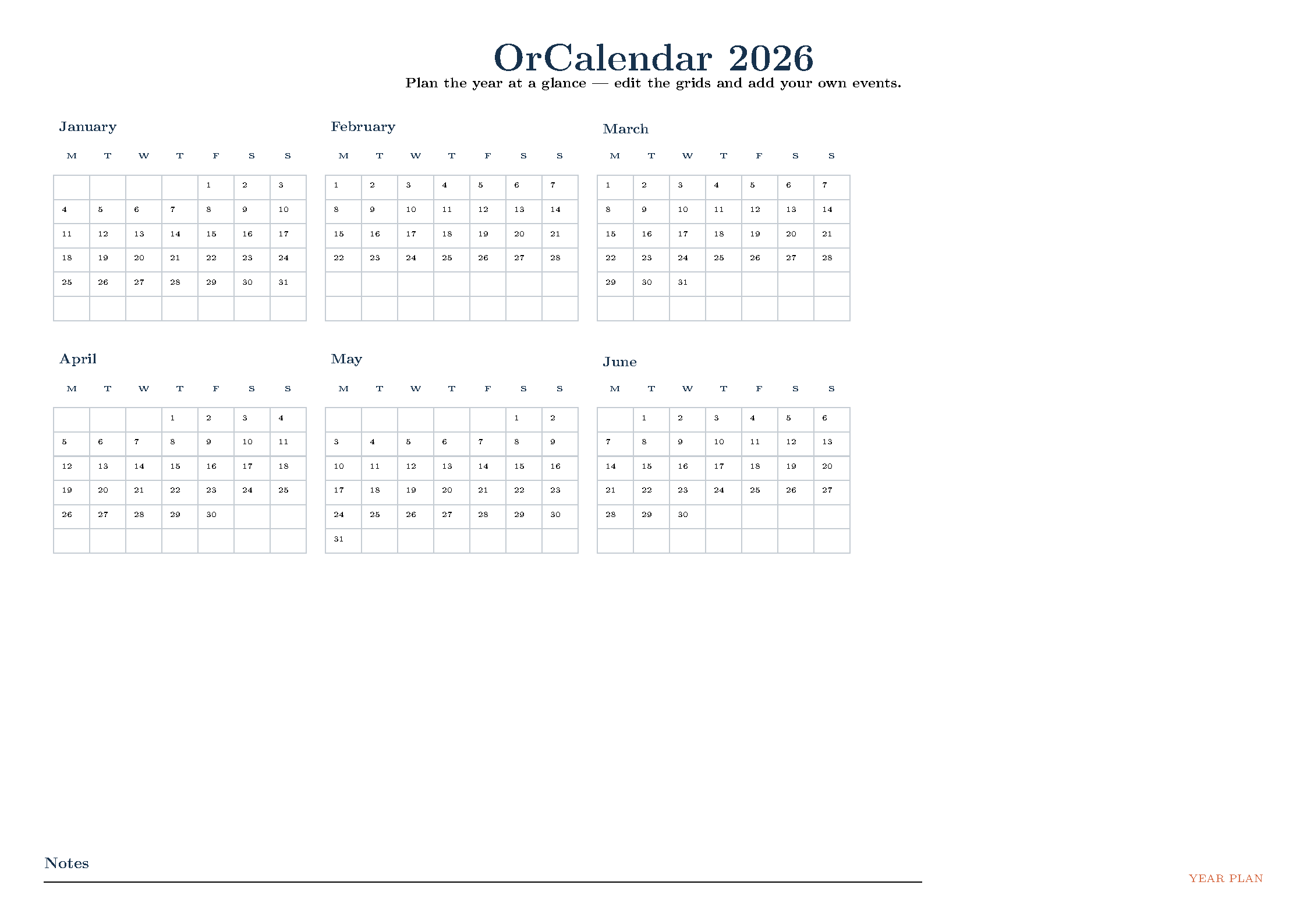 First page of the OrCalendar 2026 template