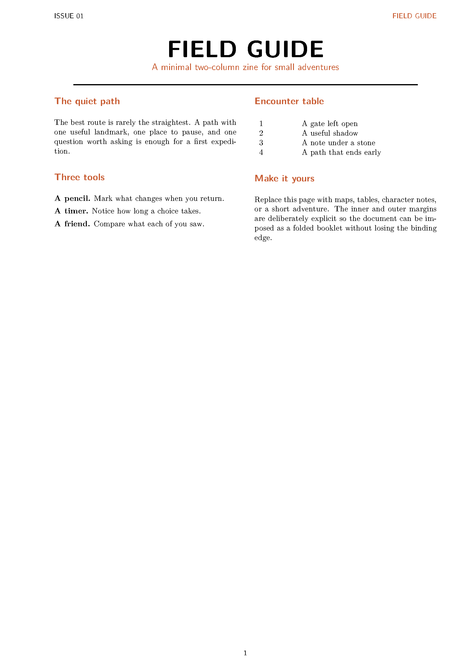 First page of the Minimal RPG Zine Template template
