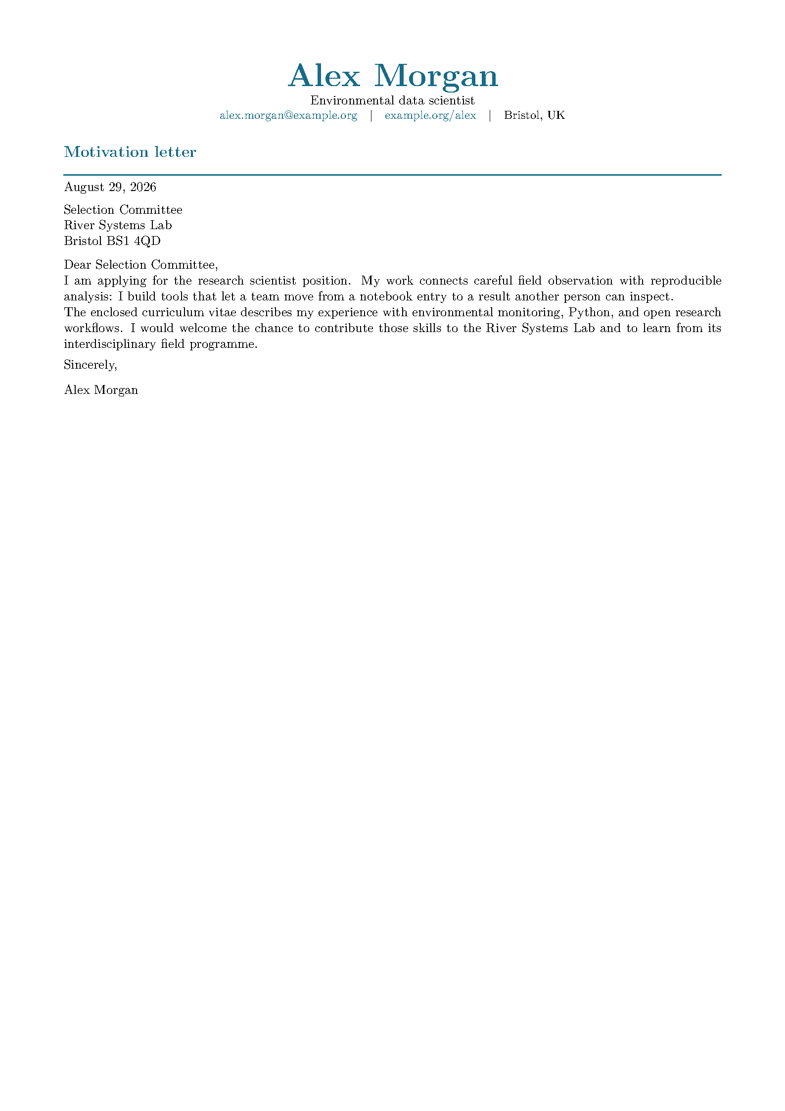 First page of the OtterCV Application Bundle template