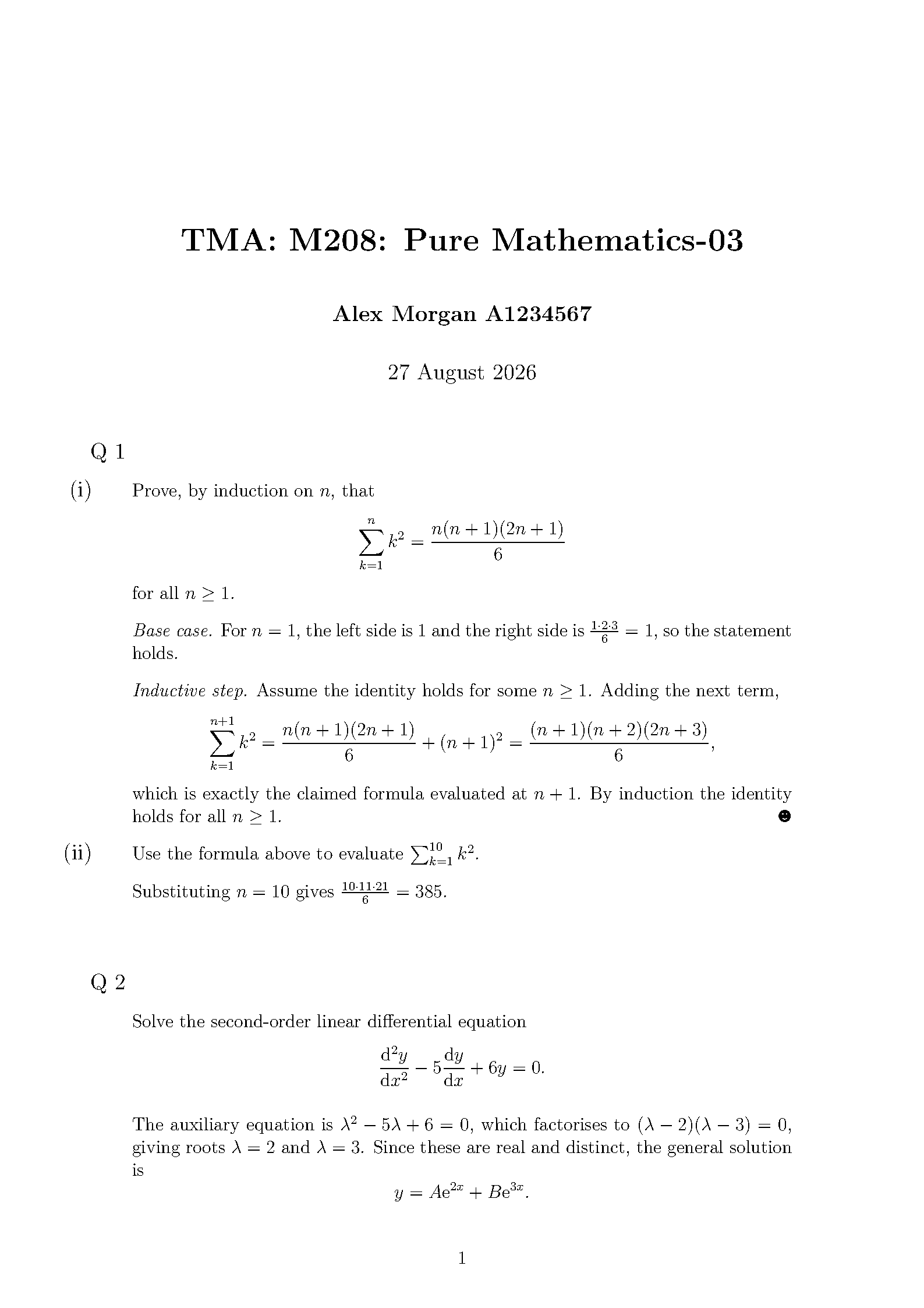 First page of the OU TMA template